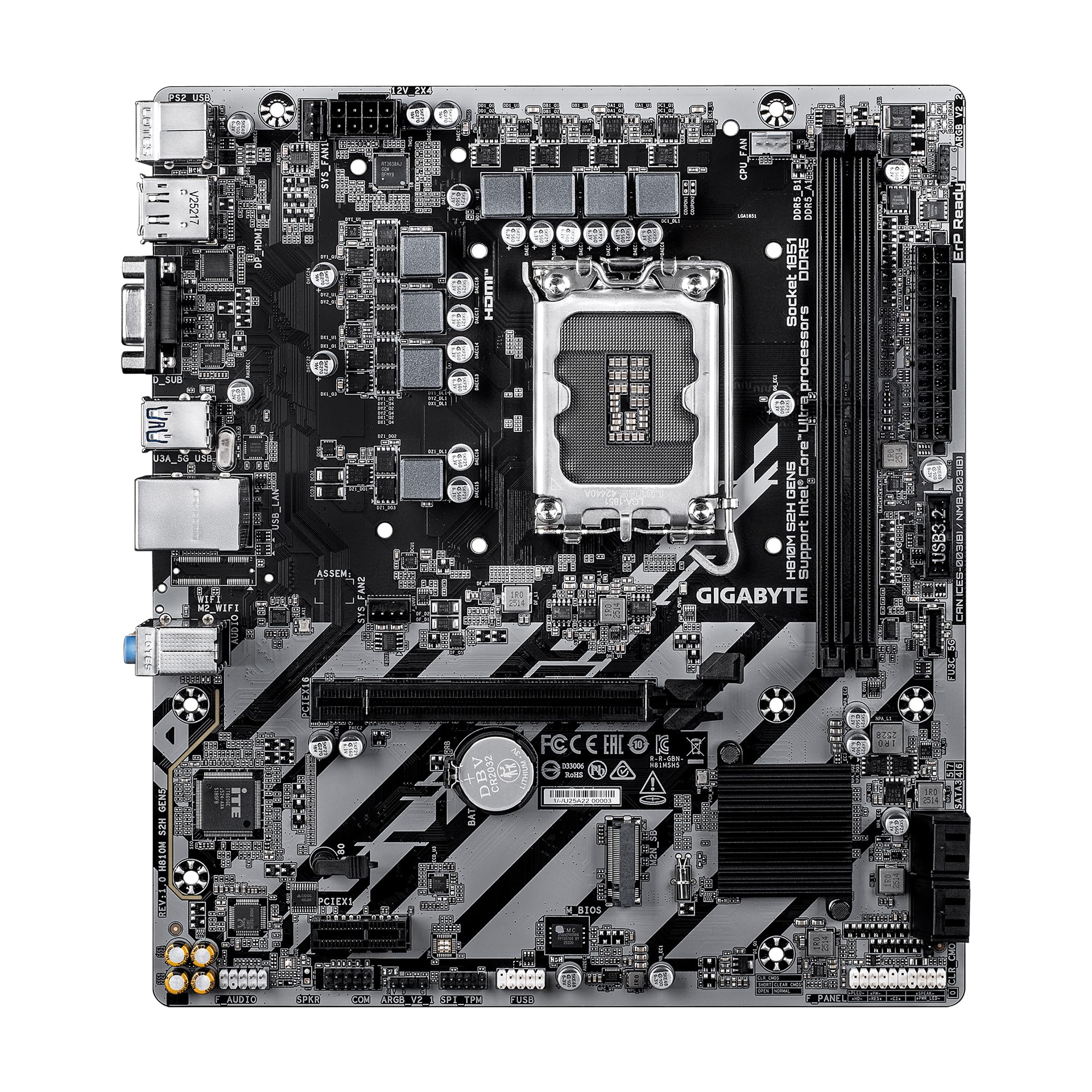 GIGABYTE Scheda madre H810M S2H GEN5 Intel LGA 1851 mATX, supporto Core Ultra (serie 2), DDR5, fase di potenza 4+1+2, PCIe 5.0 x16, 1 M.2, USB 3.2 Gen 1, USB-C 5Gb/s, GbE LAN, blocco PCIe EZ