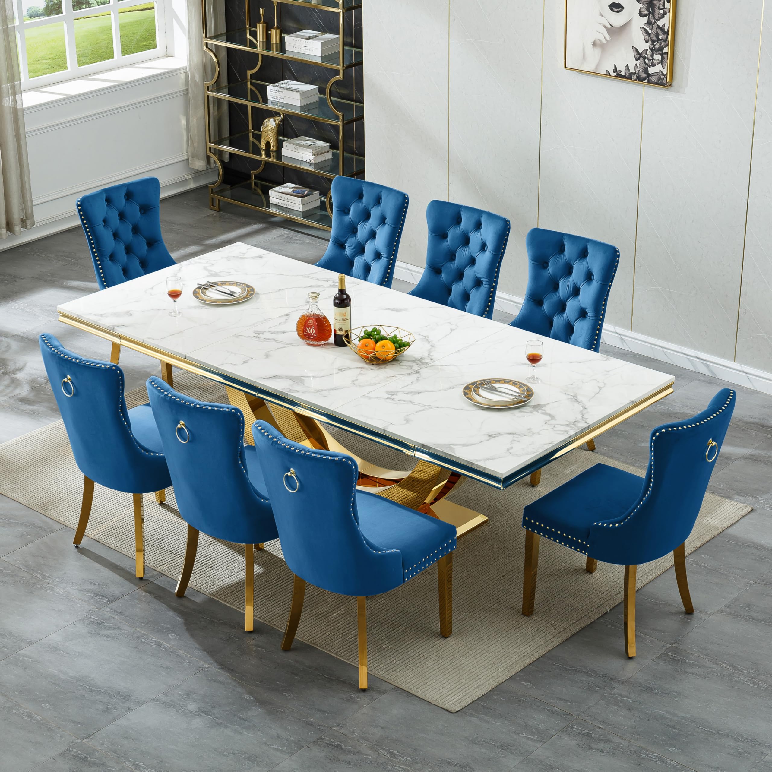 94.5" Large Marble Dining Table Set for 8, Luxury White Gold Kitchen Table with 8 Blue Velvet Dining Chairs, Modern Fuax Marble 9-Piece Dining Room Table Set for 8 w/Stainless Steel U-Base