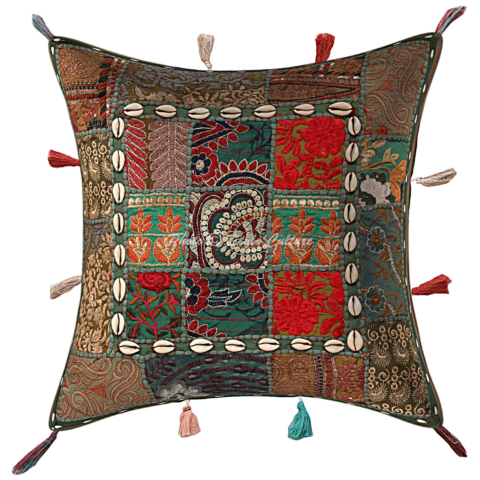Indische Dekorativ Baumwolle Couch Kissenbezüge 43x43 cm Dunkelgrün Dekokissen Gesticktes Patchwork Schlafzimmer Sofa Kissen Bezüge Blumen Quadrat Kissenhullen - 4 STK.