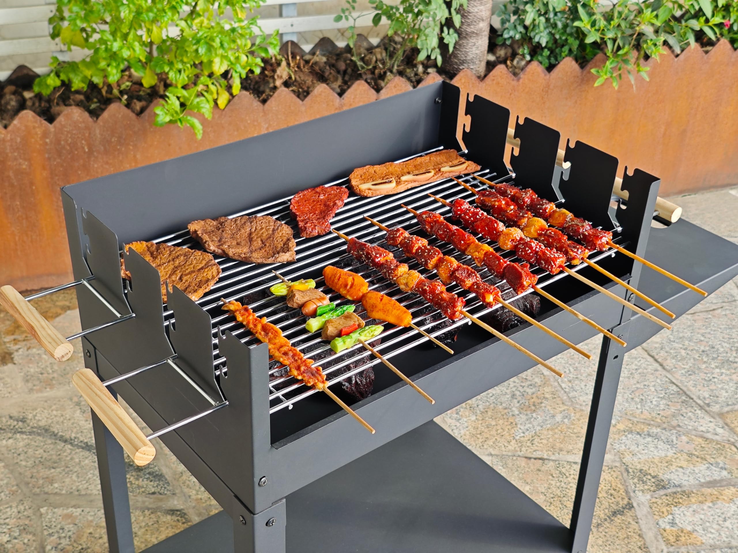 BBQ Kingdom Portable Charcoal Barbecue Grill, Large Dual Cooking Grates with Adjustable Heights, Rolling Wheels, Side Table, Windshield, Dark Grey