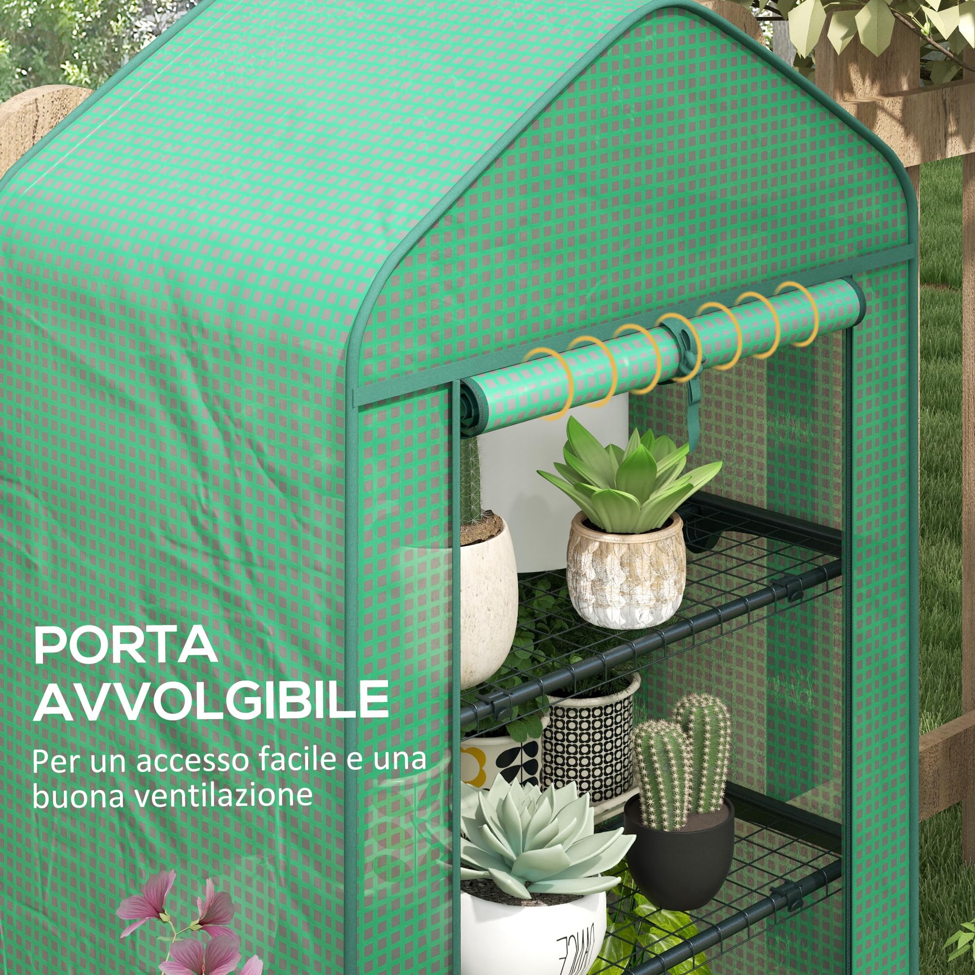 Outsunny Serra per Piante a 4 Ripiani con Porta Avvolgibile, Piccola Serra in Metallo e PE, 69x49x158 cm, Verde scuro