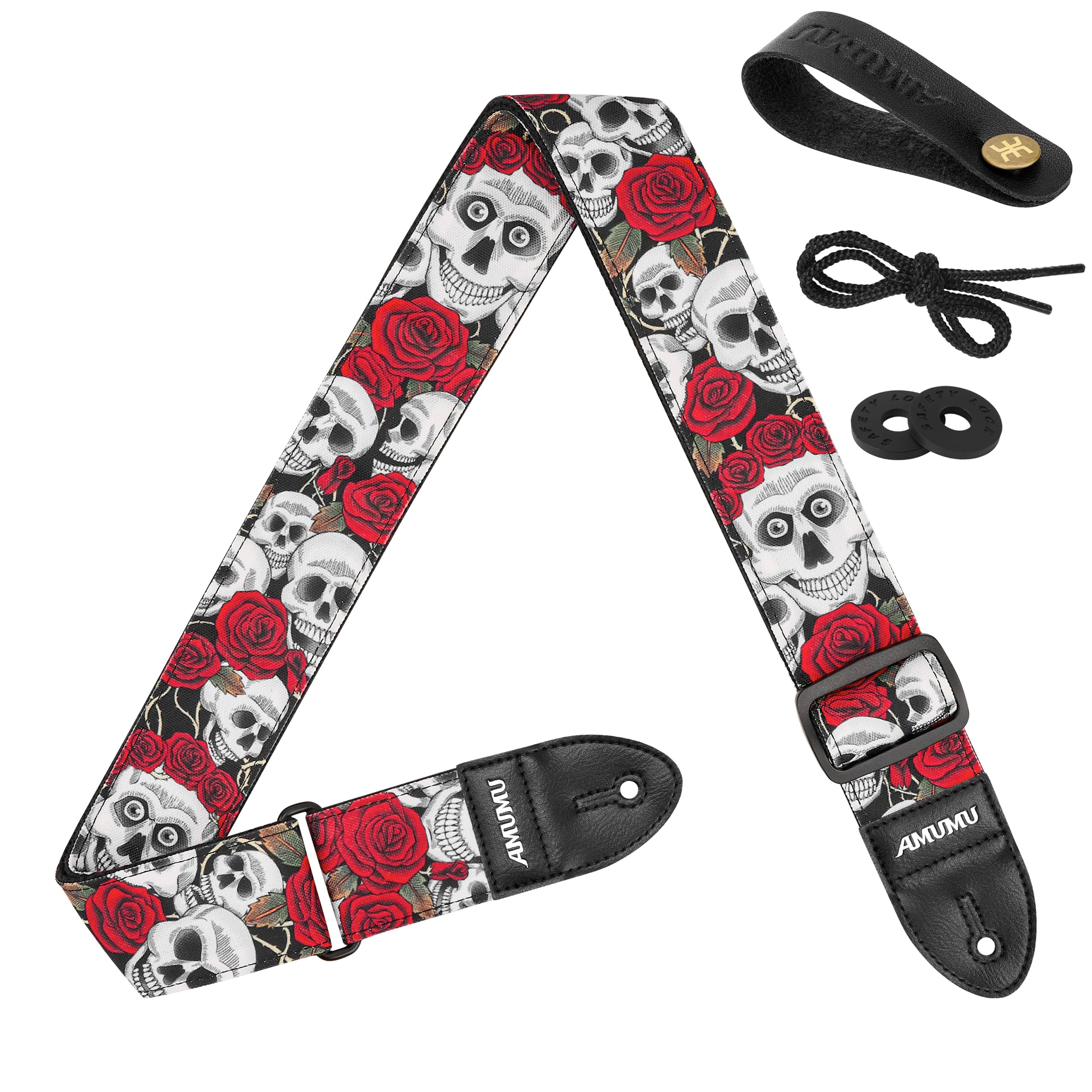 Amumu Skull Rose Guitar Strap – 2" Printed Canvas Top, Cotton Backing, Vegan Leather Ends – for Acoustic, Electric, Bass Guitars – Adjustable 36"-59"