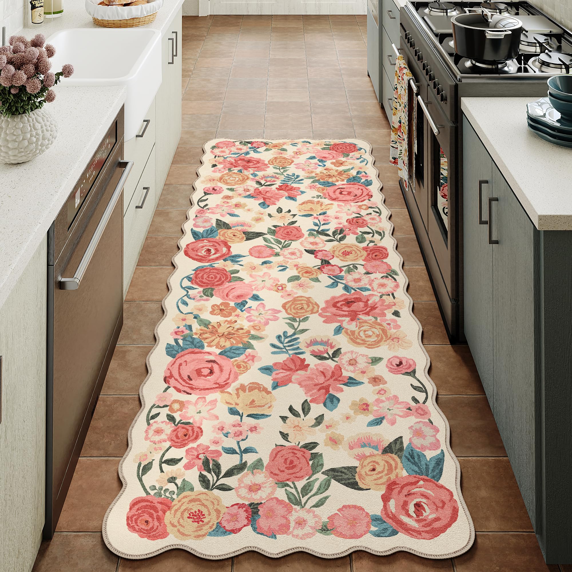 PureCozy Washable Floral Runner Rug 2x6 Beige Hallway Carpet Scalloped Flower Non Slip Soft Long Kitchen Runner Farmhouse Low Pile Thin Indoor Floor