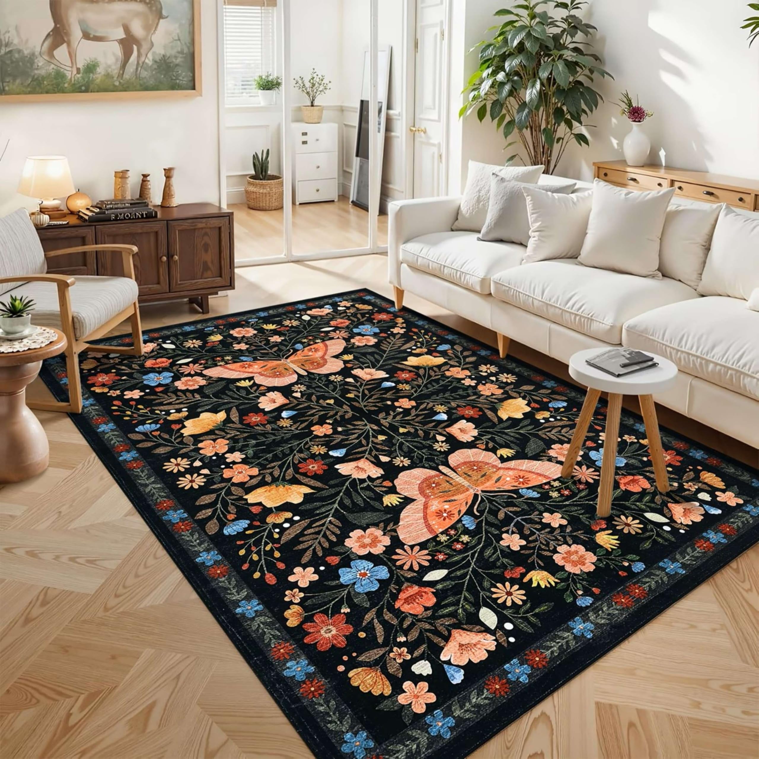 SOJAWA Butterfly Floral Print Living Room Rug, 90x120cm Colourful Vibrant Blossom Pattern Soft Carpet, Non-Slip Floor Mat for Bedroom Kids Room Nursery Playroom Kitchen Balcony Home Decoration