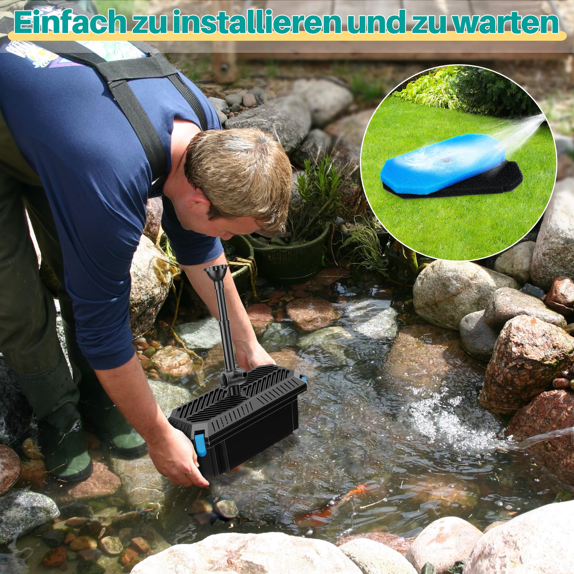 Biling Teichfilterpumpe mit Filter, All-in-One 2500L/H 40W Teichpumpe Filter Einstellbares Wasserventil und Düsen, Unterwasser-Teichfilter, Reinigung von bis zu 4000 l Teich, Teichwasserfilterpumpen