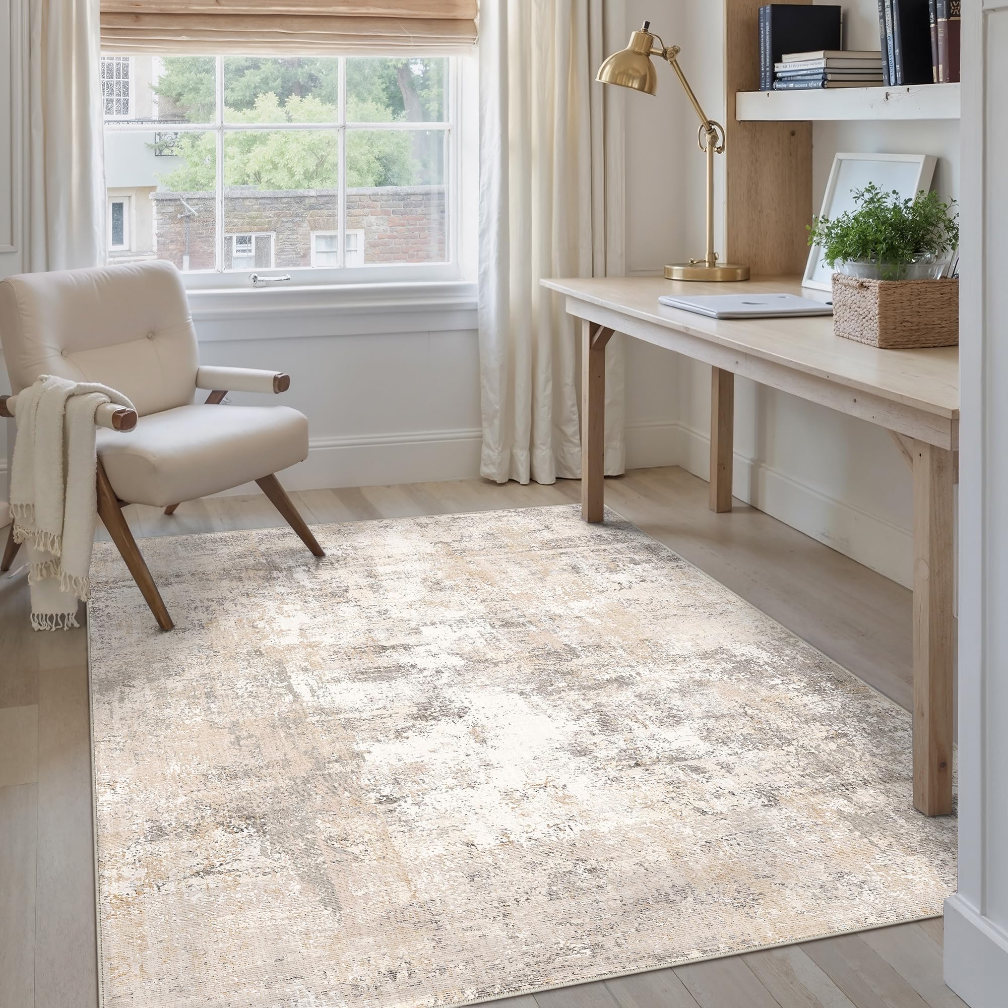wondrg 4x5 washable area rug beige grey abstract entryway office throw rug neutral modern non slip soft low pile indoor carpet for living room bedroom kitchen entrance