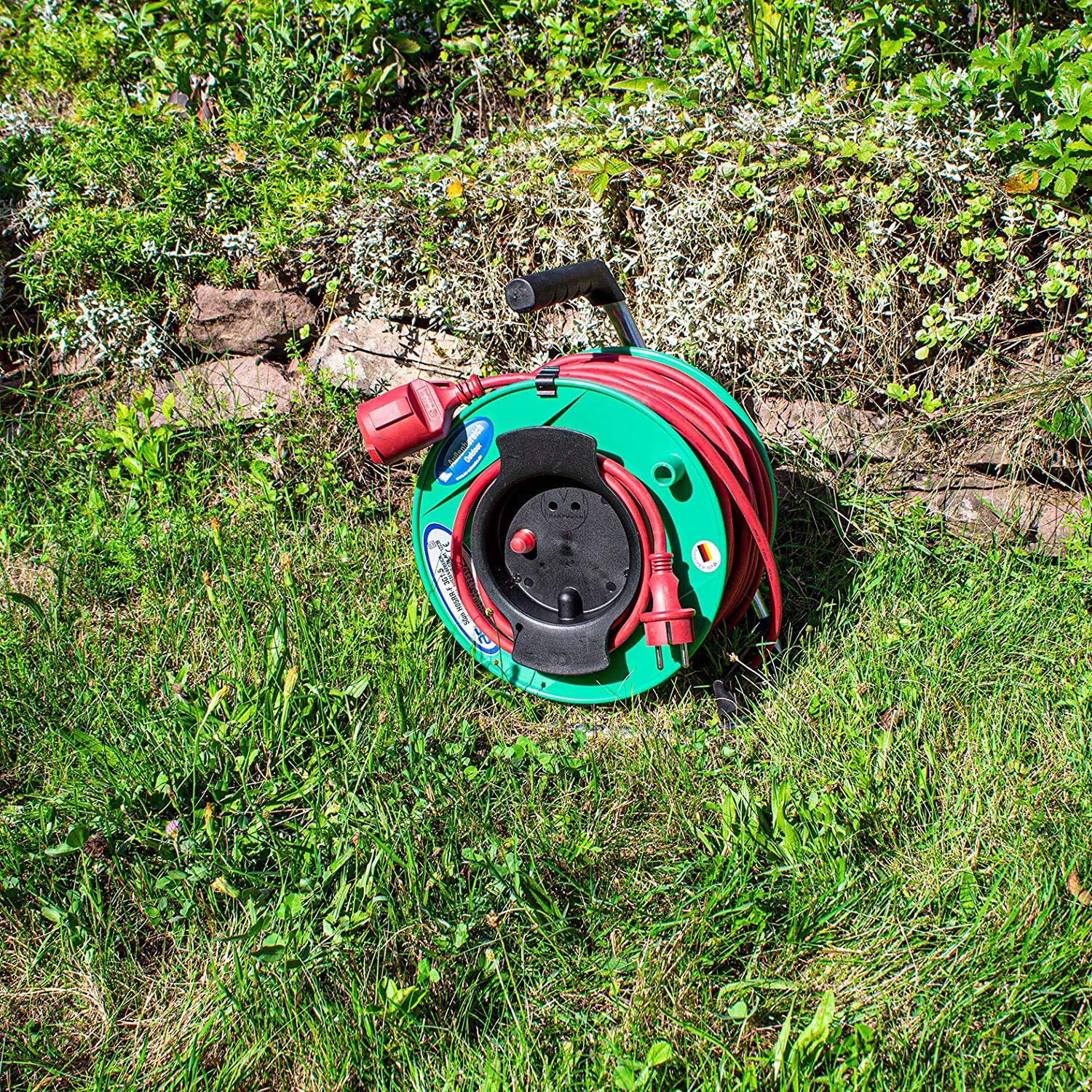 as - Schwabe enrollacables 25 m H05RR-F 3G1,5 rojo, IP44 exterior, 1 toma de corriente con toma de tierra, cable de conexión 1,5 m, Interruptor térmico, Made in Germany