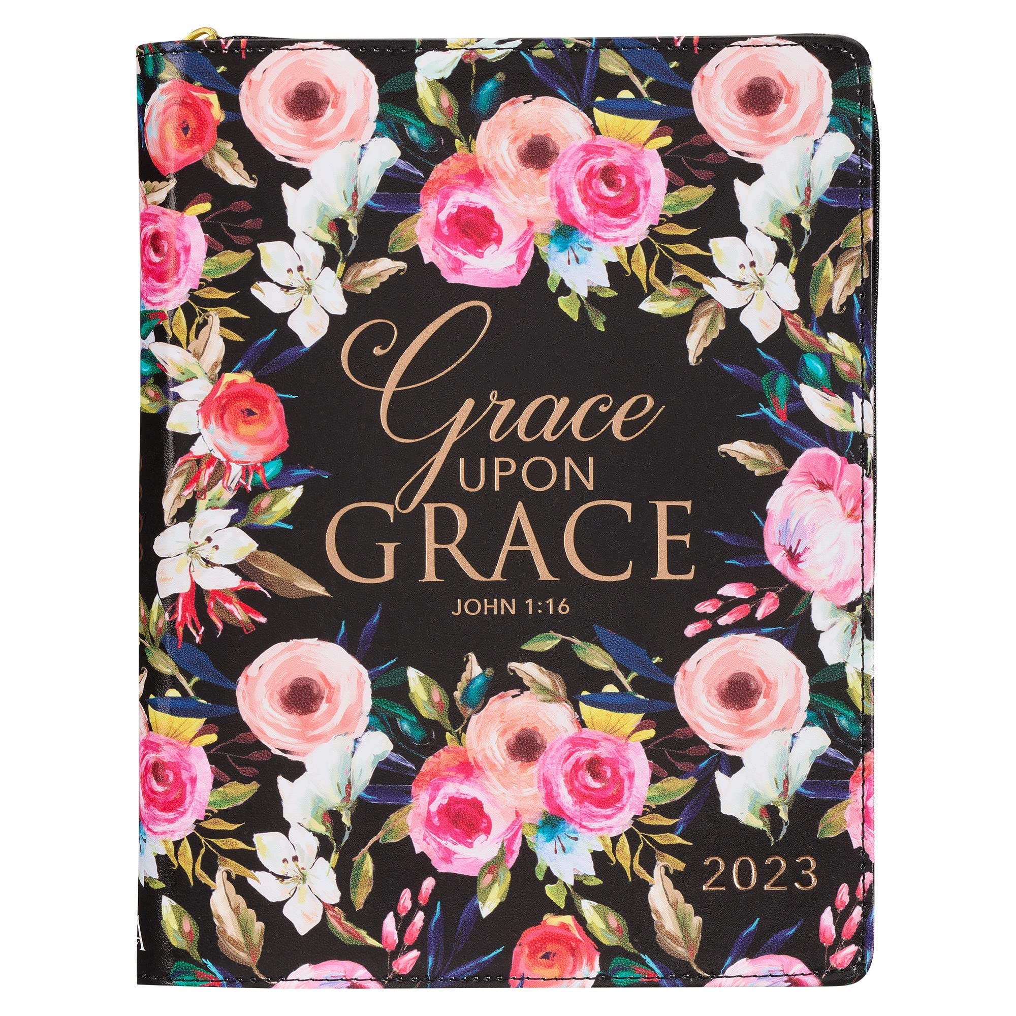 Christian Art Gifts 2023 - Agenda personale da donna in ecopelle con chiusura a cerniera: Grace Upon Grace - John 1:16 Inspirational Bible Verse, agosto 2022-gennaio 2024, floreale multicolore, grande