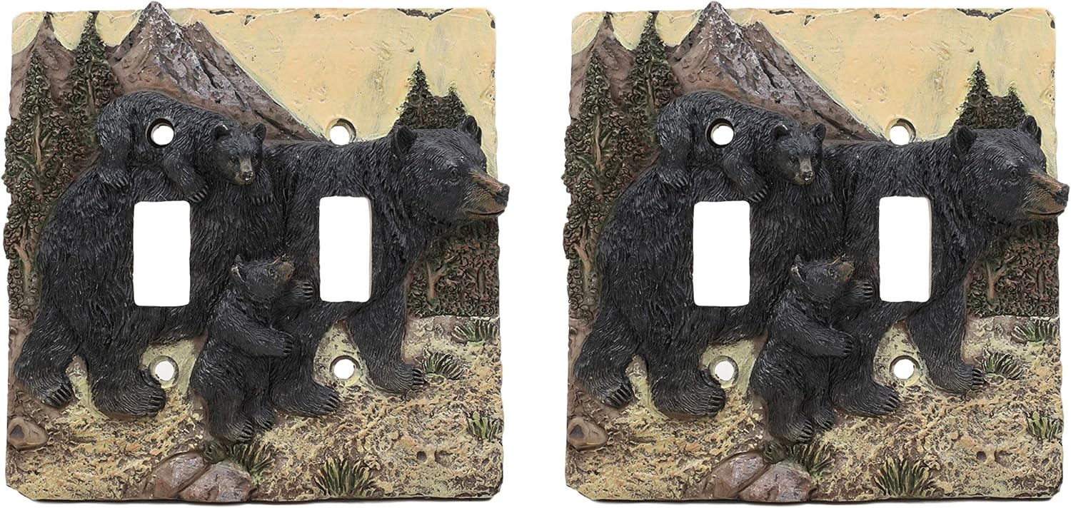 Ebros Set of 2 Novelty Woodland Rustic Forest Black Bear Mother And Cubs Family Wall Electrical Cover Plate 3D Hand Painted Resin Western Bears Home Decor Accessory (Double Toggle Switch)