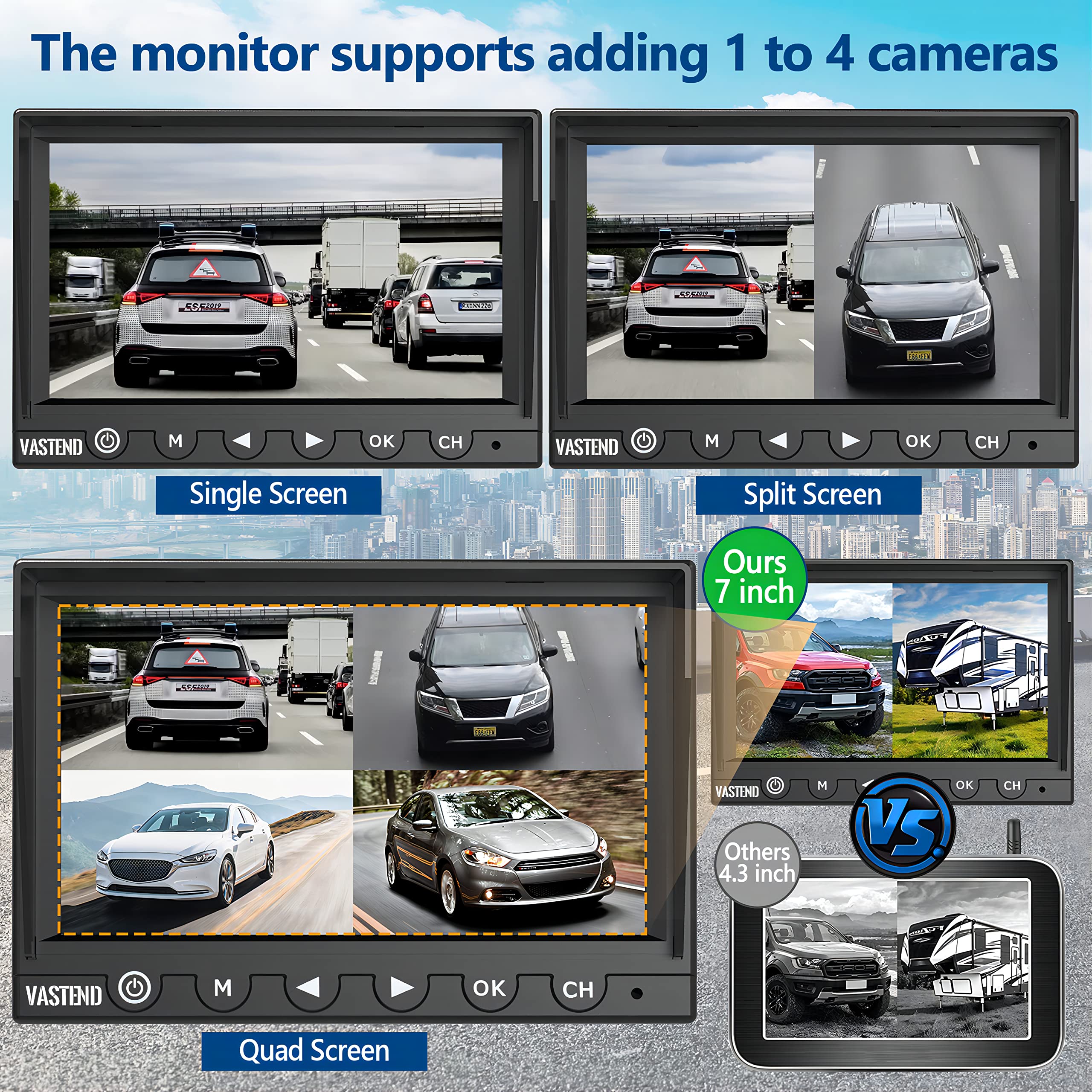 Kabellos Rückfahrkamera Set HD 1080P 7'' Monitor IP69 wasserdichte Backup Kamera 150° Weitwinkel Nachtsicht für Van PKW LKW Wohnwagen
