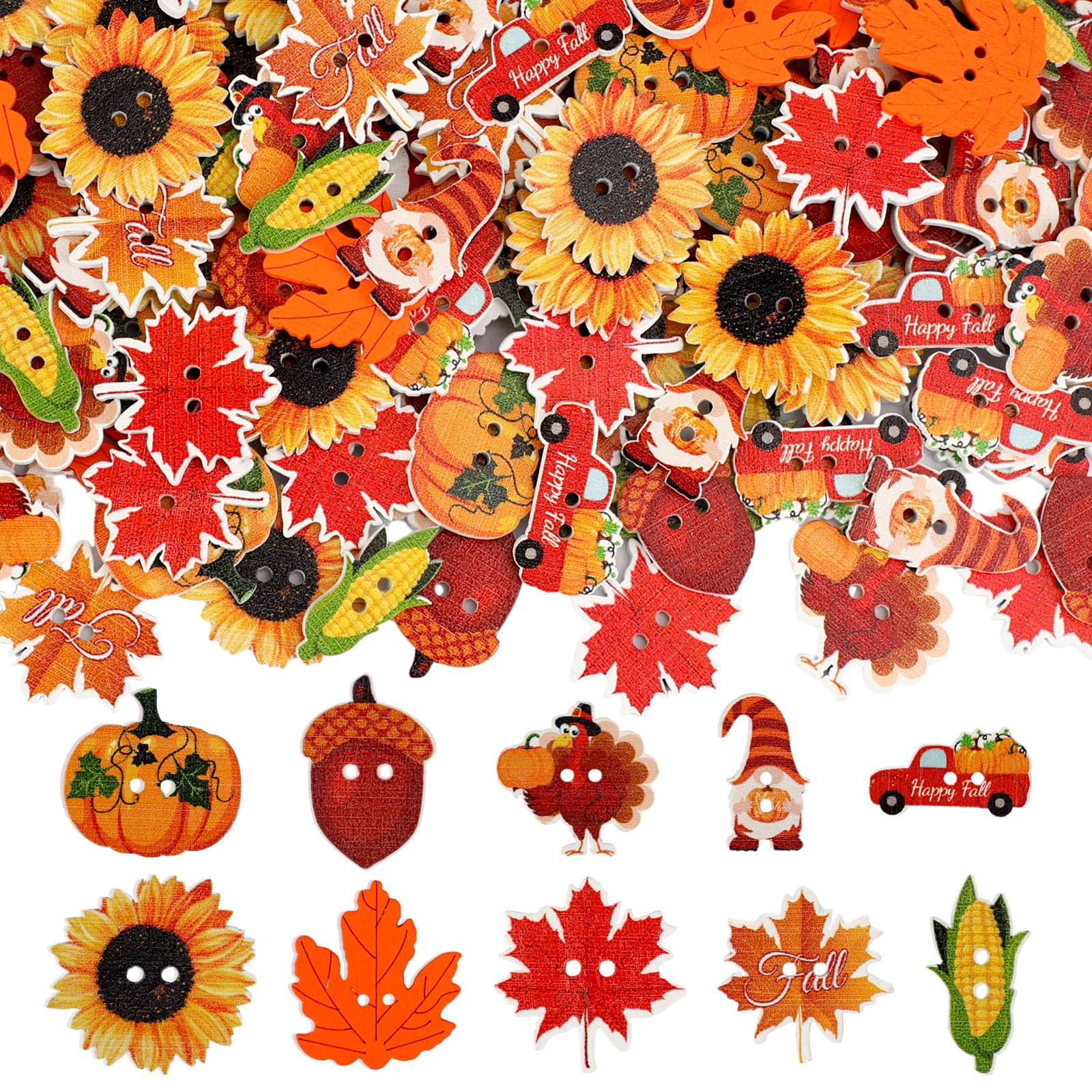 AUGSUN 250pcs Fall Thanksgiving Wooden Buttons, Autumn Leaves Pumpkin Shaped Wooden Sewing Buttons for Sewing Clothes Accessories Scrapbooking DIY Decoration