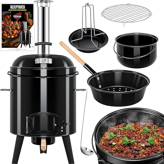 KESSER® Olla de Goulash con función de Barbacoa, Parrilla esférica + asador de Pollo, sartén de 8 litros, Olla de 17 litros esmaltada con Tapa para el Exterior, Cocina de Campo