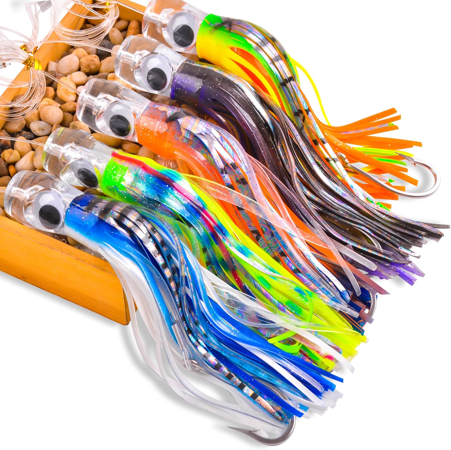 Saltwater Fishing Lures 6/9inch Trolling Lures for Marlin Mahi Tuna Dolphin Shark Big Game Deep Sea Fishing Baits Squid Skirts Rigged Hooks Ocean Gear Tackle