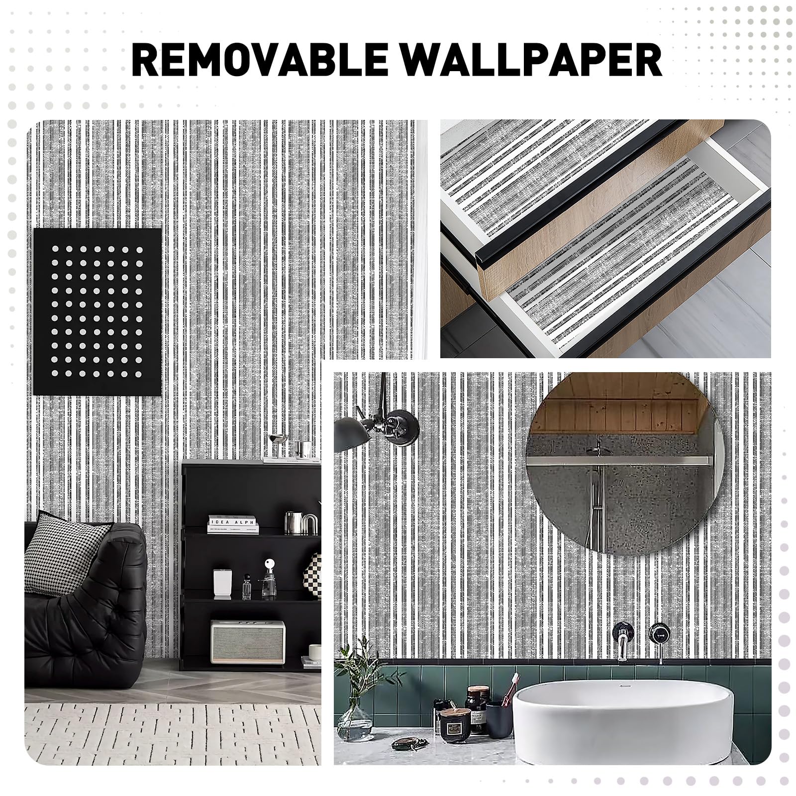Moderne Tapete zum Abziehen und Aufkleben, Boho-Kontaktpapier, schwarz, gestreift, Vinyl, wasserdicht, für Schlafzimmer, Badezimmer, Wandverkleidung, Schränke, Dekor