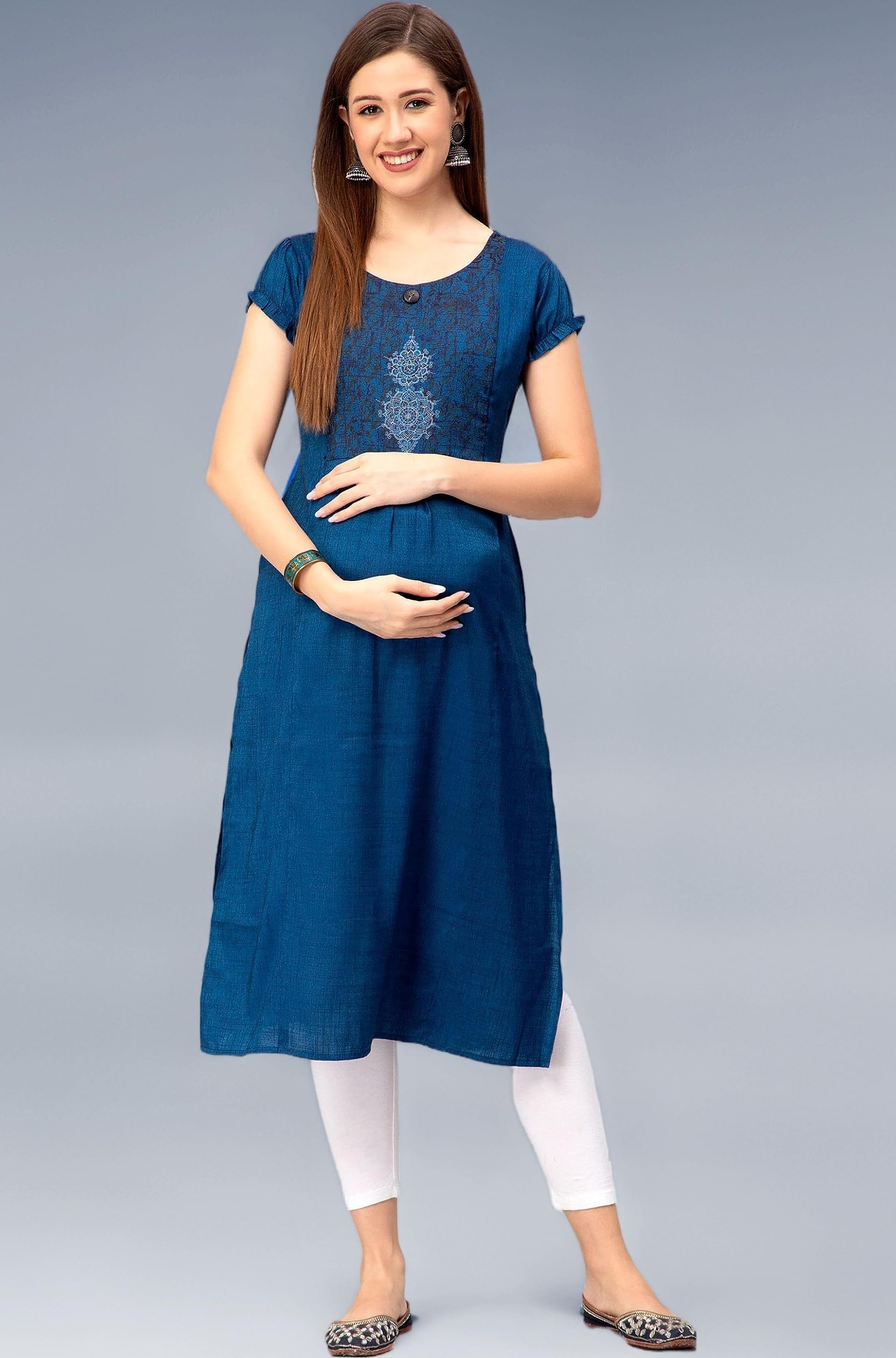CEE 18 Cotton Rayon Straight Maternity Feeding Kurti for Women with Zippers | Maternity Dress in Breathable Fabric for Pre and Post Pregnancy & Nursing for Mom (Large, Blue)