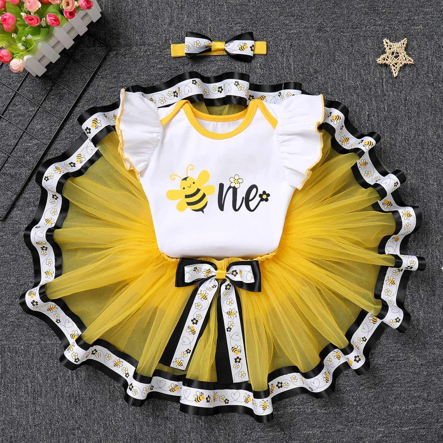 IBTOM CASTLE Baby Girls First Birthday Outfit Bee Romper Tutu Skirt Bowknot Headband Cake Smash Photoshoot Clothes - Image 2