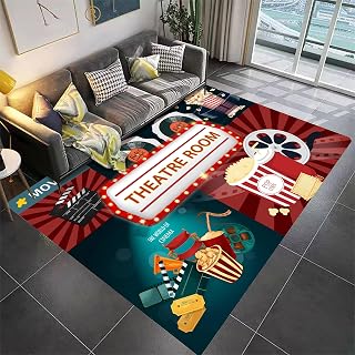 Movie Theatre Rug, 3x4ft, Retro Cinema Themed Style Popcorn Filmstrip and Drink Design Doormat, Modern Home Theater Room Deco Carpet with Anti-Skid Backing for Indoor Bathroom Dorm Playroom