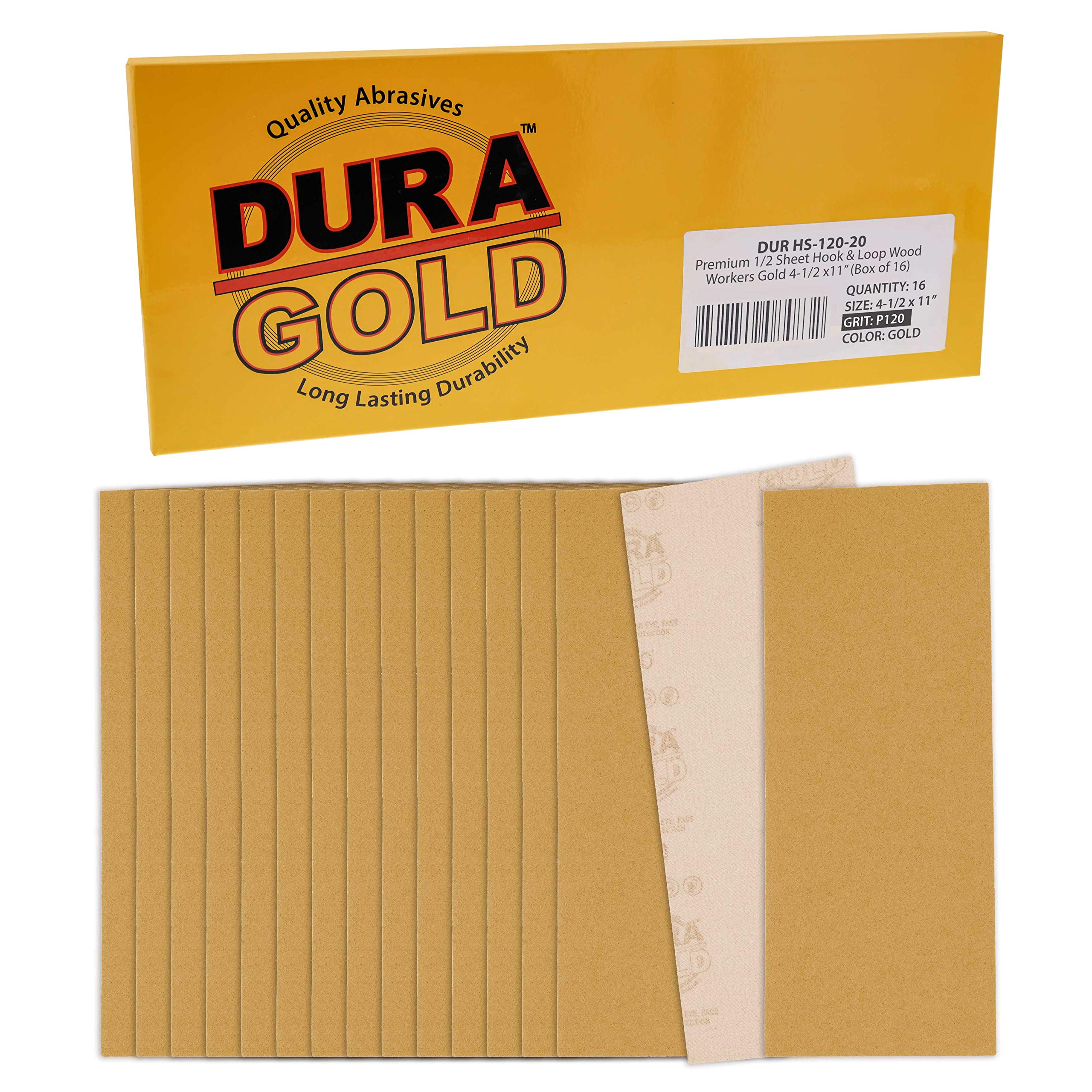Dura-Gold Premium 1/2 Sheet Gold Sandpaper Sheets, 120 Grit (Box of 16) - Wood Furniture Woodworking - 4.5" x 11" Size Hook & Loop Backing Sheets -
