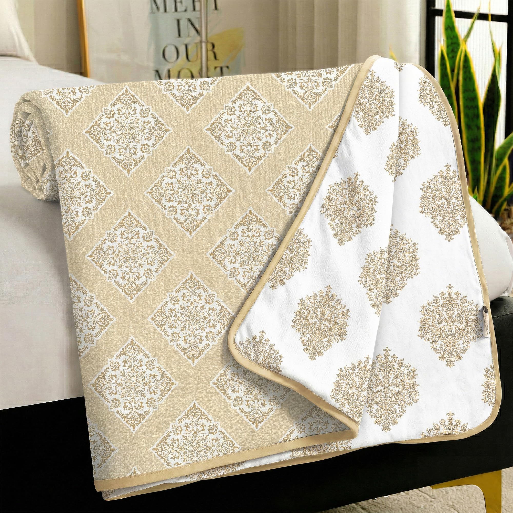 Story@Home Dohar Double Bed Cotton 100% | 150GSM 225 x 240 CM Quilt AC Blanket for Summer | AC Comforter Double Bed |Cream & White, Damask Reversible Design Duvet | All-Season Blanket-picture-14
