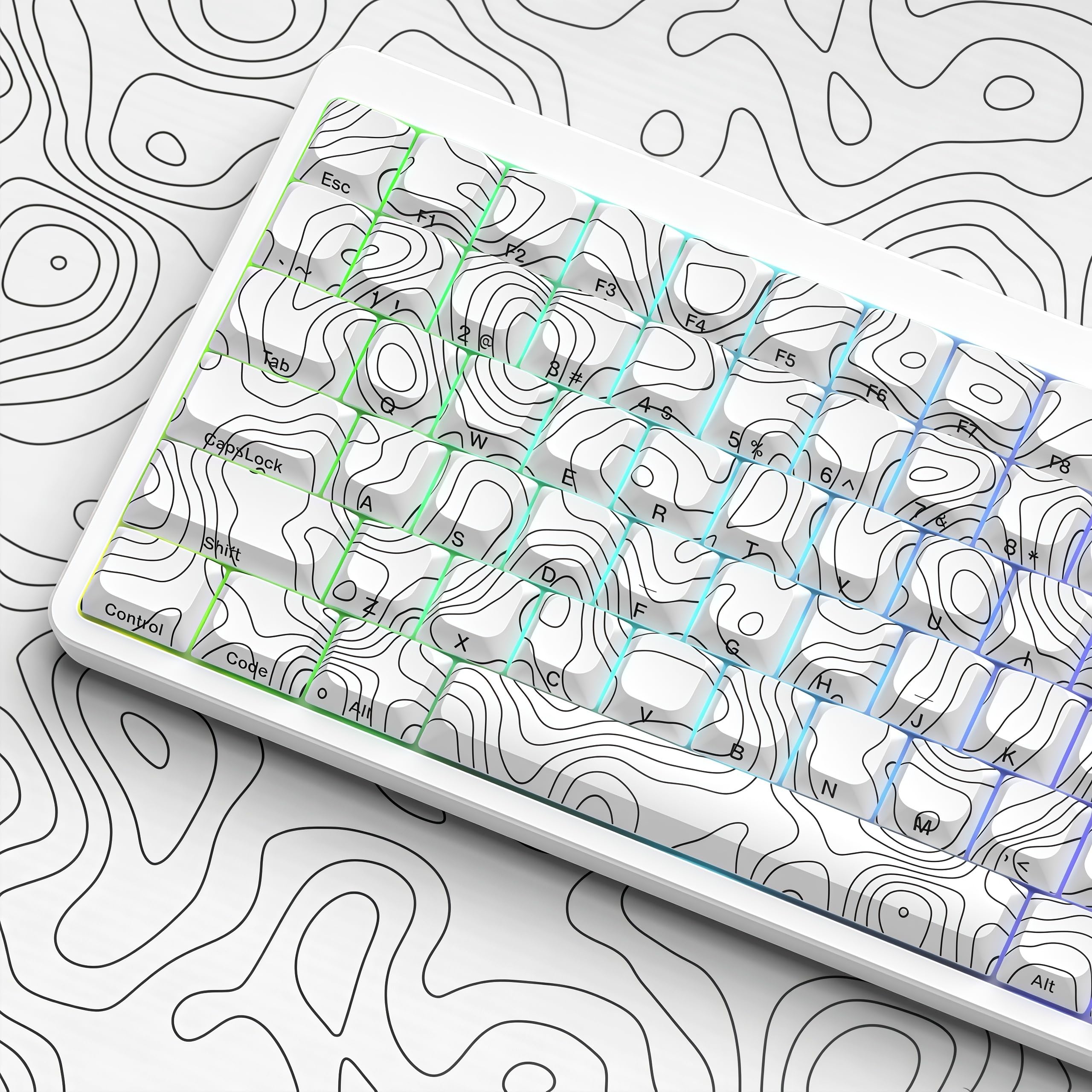 Dagaladoo Womier Low Profile Double Shot PBT White Topographic Keyboard Caps - Side Printed/Dye-sub for Most 60% 65% 70% 100% MX Switches Mechanical Keyboards White topographic keycap