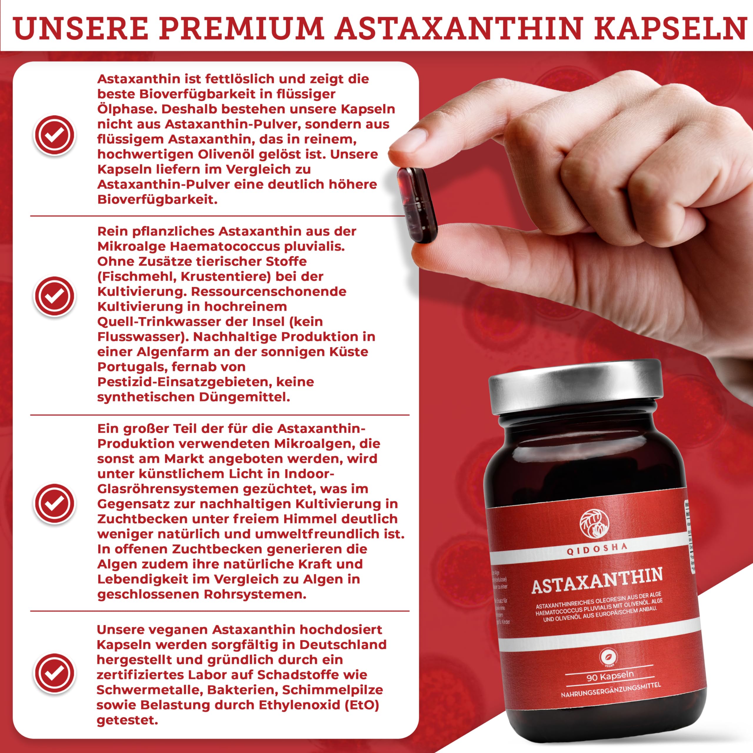 QIDOSHA® Astaxanthin 12 mg aus EU-Rohstoffen & Olivenöl, 90 vegane Kapseln im Apothekerglas, flüssiges Astaxanthin aus portugiesischer Algenzucht