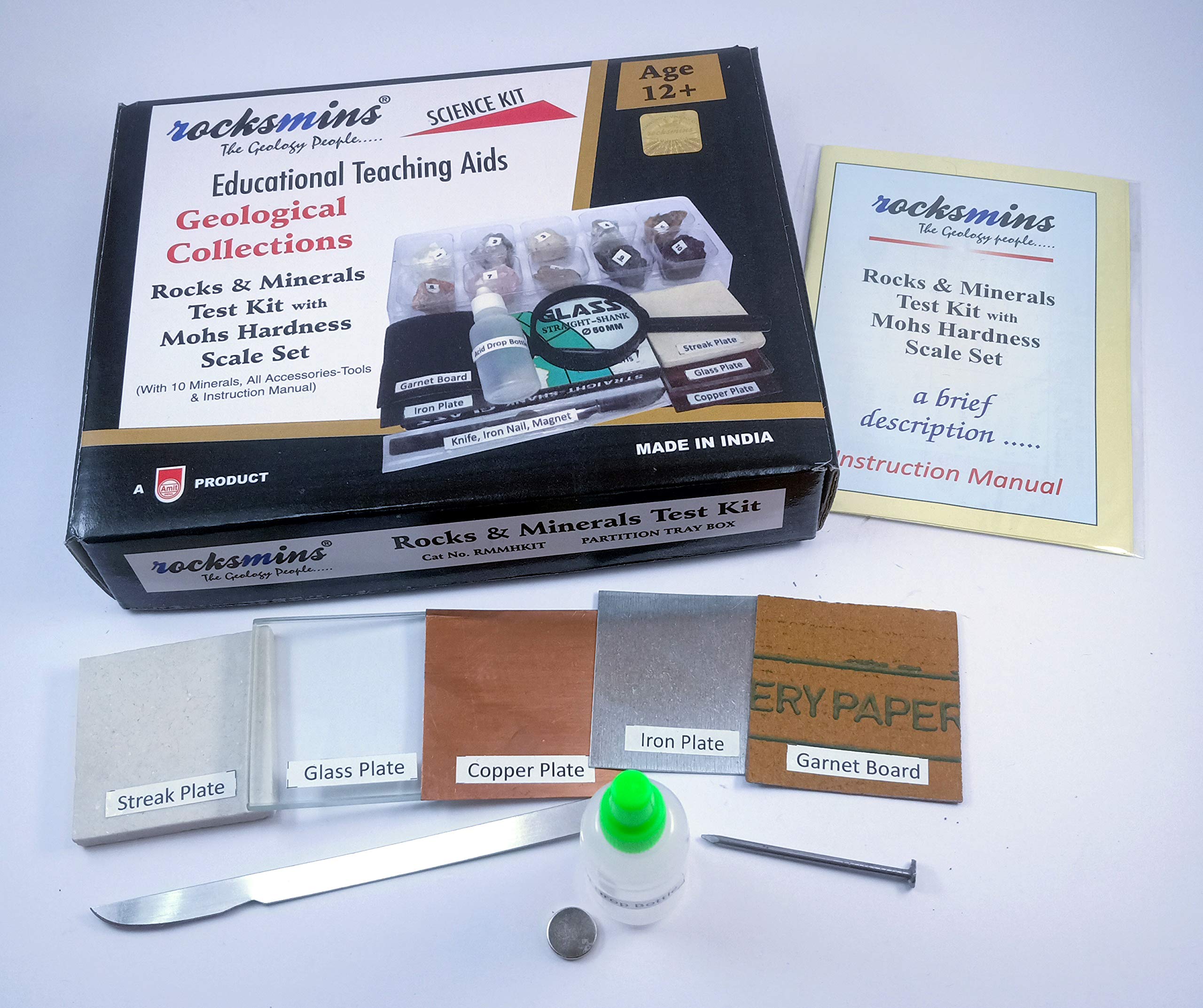 rocksmins Kid Rocks and Minerals Test Kit with Mohs Hardness Scale Set- Multi Color