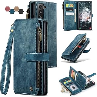 Samsung Galaxy S22 5G Case,Galaxy S22 5G Wallet Case with Card Holder Kickstand Magnetic Zipper Pocket Lanyard Strap Wristlet,Leather Flip Case Wallet for Samsung Galaxy S22 5G 6.1 Inch (Blue)