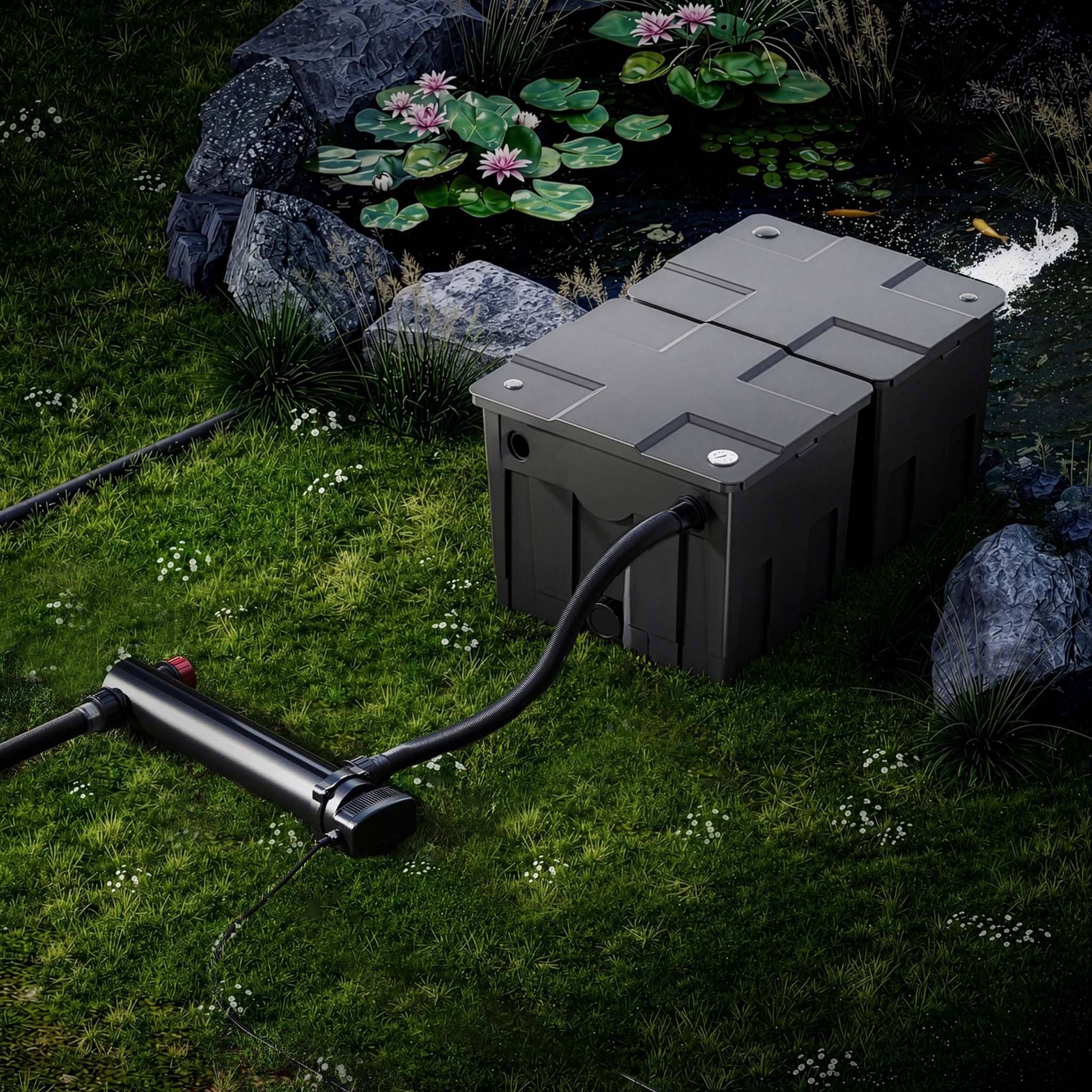 SunSun Kit complet: CBF-350B Filtre de bassin jusqu'à 60000 L Biologique, CUV-324 lampe uv UVC Clarificateur avec 24 Watt Puissance UV-C