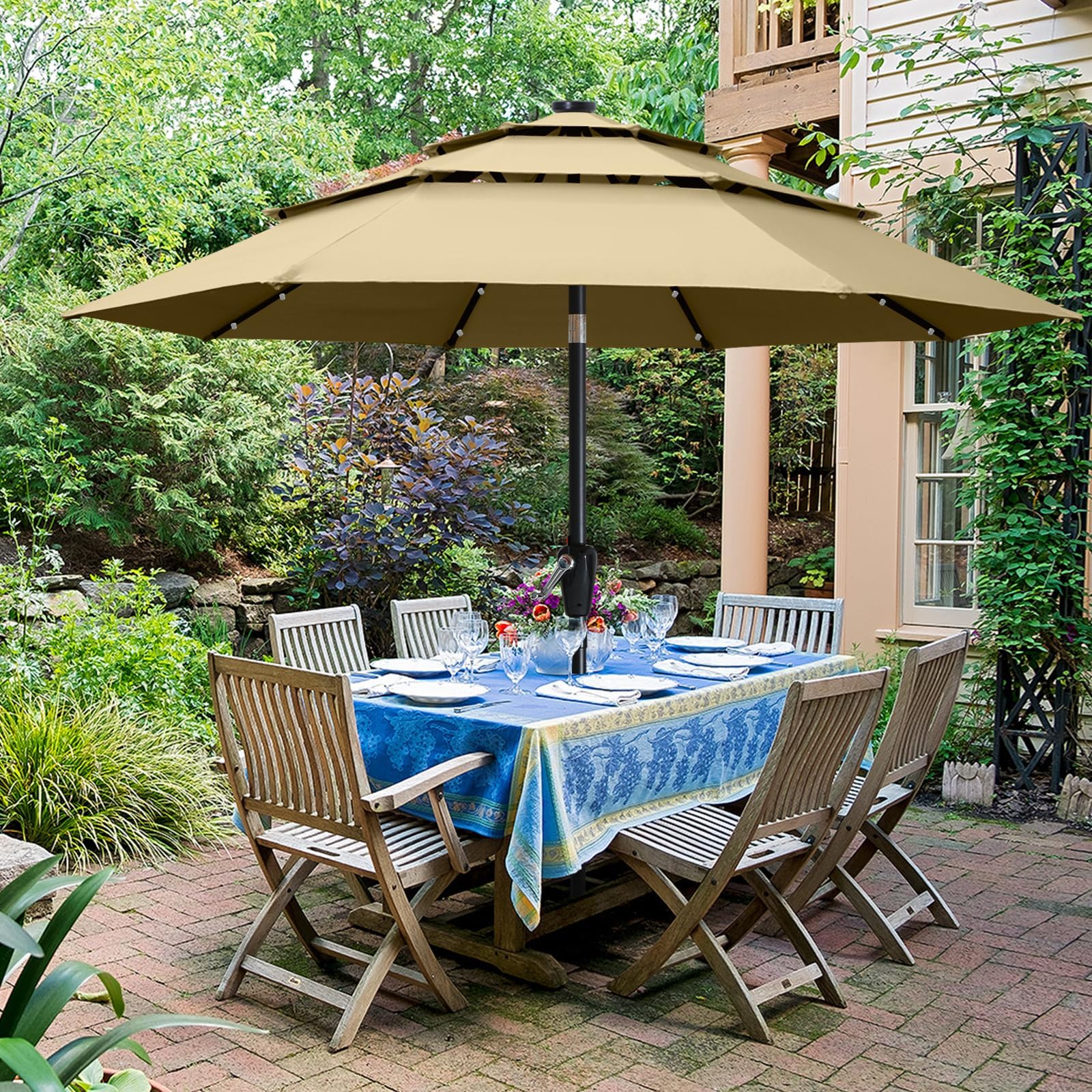 ABCCANOPY 10FT 3-Tier Solar Patio Umbrella, 32 LED Lights, Khaki