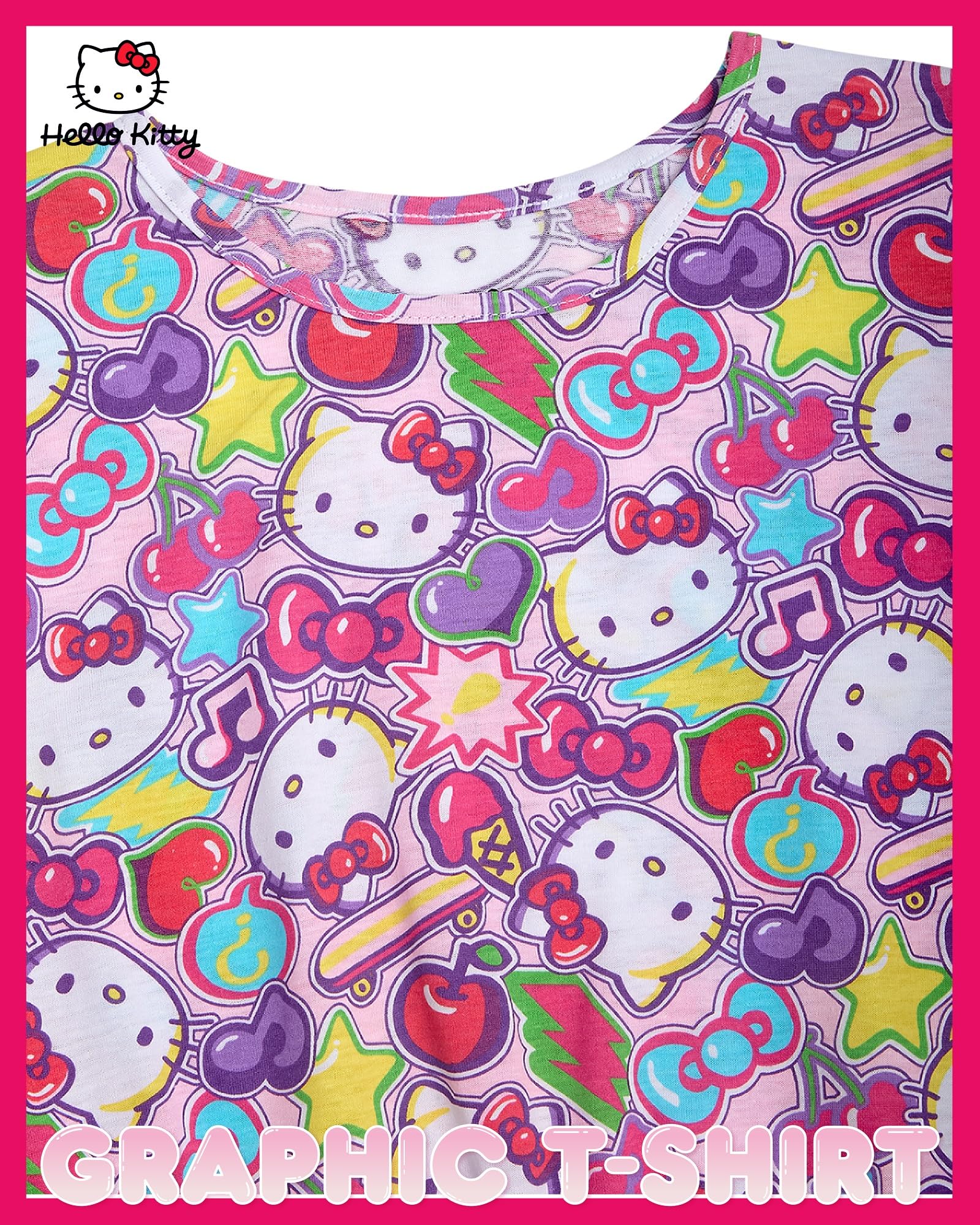 Hello Kitty Camisas para niñas – Camisetas de manga corta con cuello redondo y estampado gráfico para niñas (tallas: 4-12)