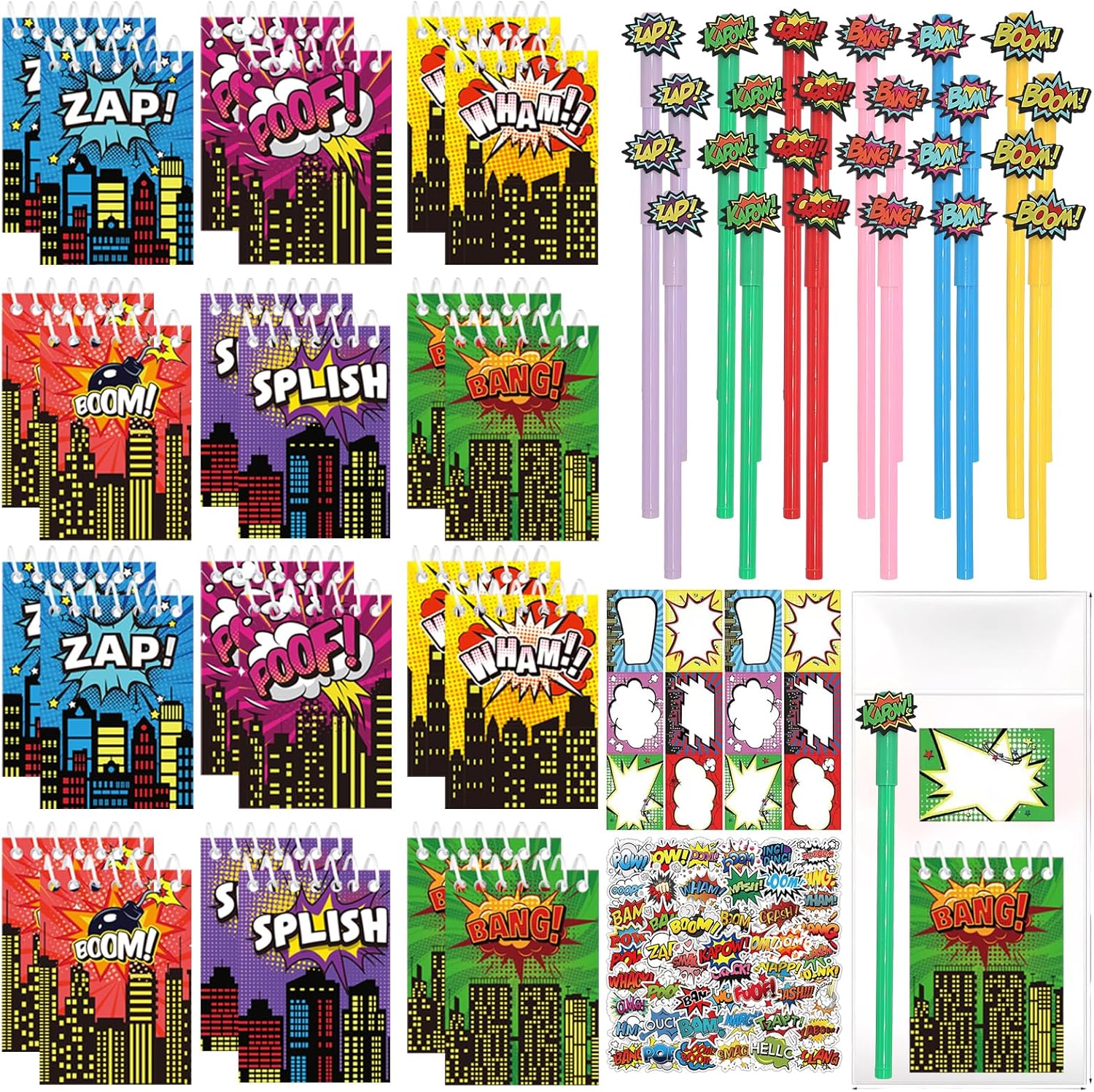 APZ 196 Pcs Hero Party Supplies Favors Include 24 Pack Spiral Notepads Ballpoint Pens Name Sticker Bags 100 Pcs Stickers for Party Birthday Goodie Bag Stuffers Teacher Classroom Rewards Supplies