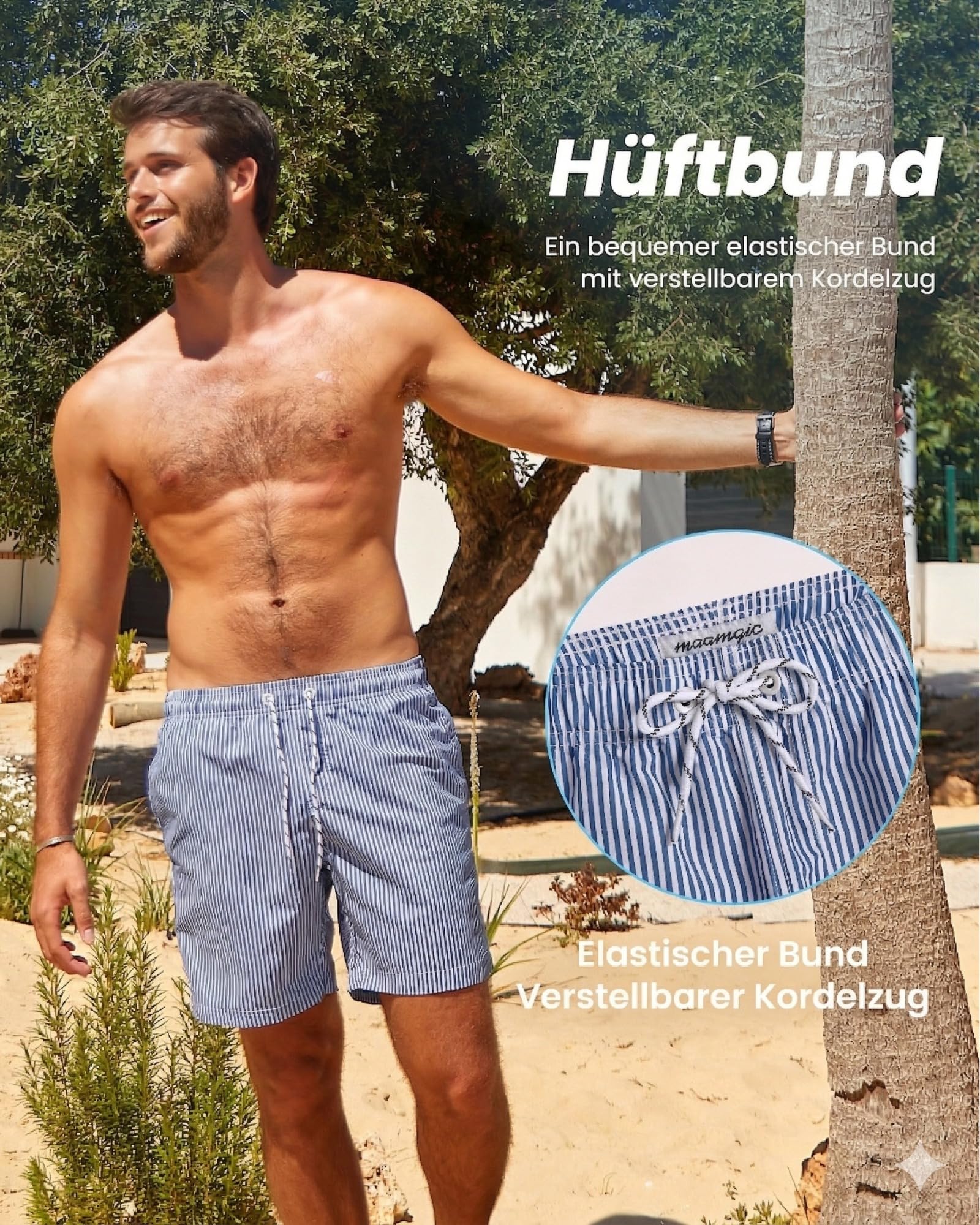 MaaMgic Badehose Herren Badeshorts Männer 18cm Innenlänge Badehosen Für Herren Schnelltrocknend Boardshorts Surfen Strandhose Mit Mesh-Futter Blau Gestreift S