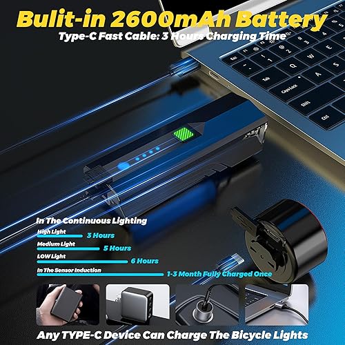 Vista 4 de 2025 Sensor delantero y trasero antirreflejo, 3000 luces de bicicleta, 5+6 modos de advertencia tipo juego de luz para bicicleta y luces traseras