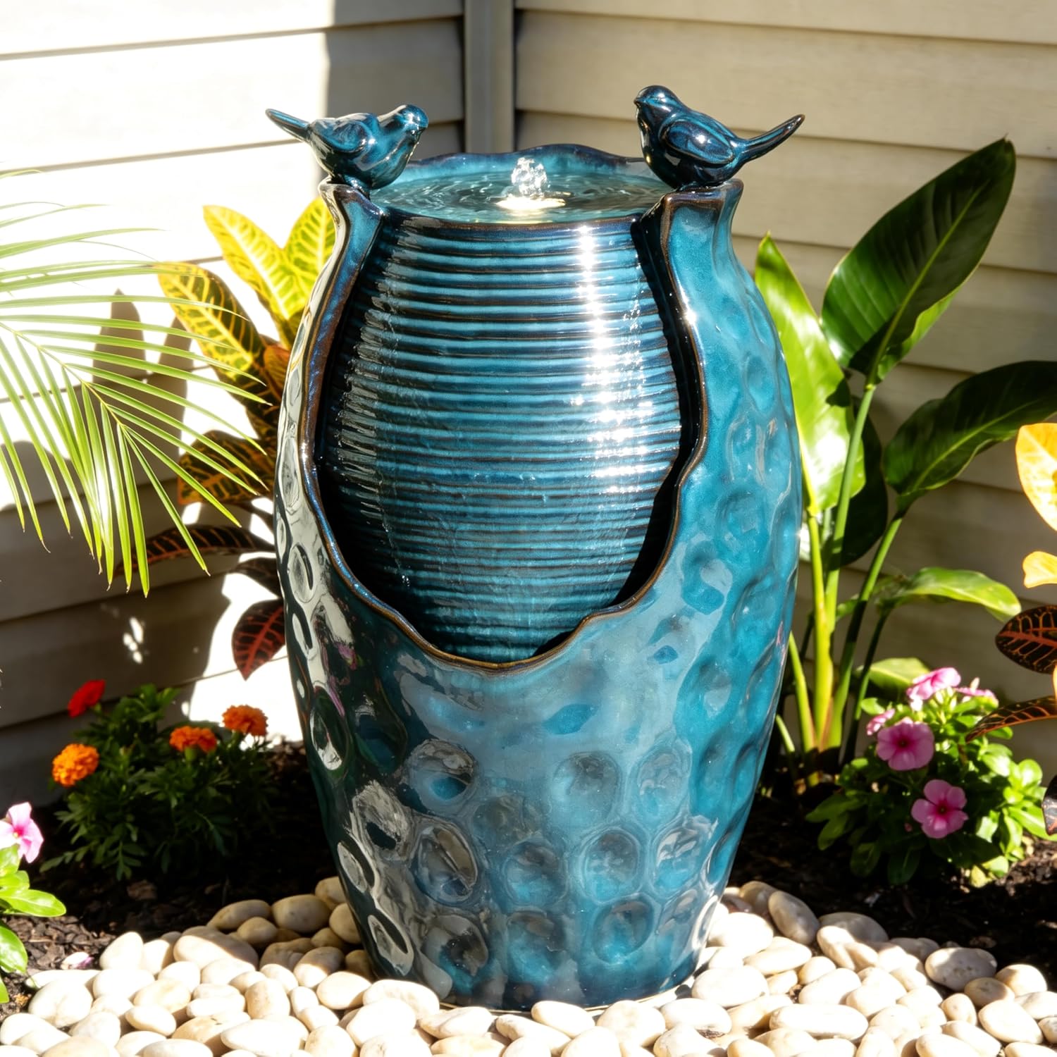 24.8" H Ceramic Jar Outdoor Water Fountain with LED Lights & Bird Accents, Elegant Turquoise Glaze with Bubble-Like Texture, Decorative Garden Water Feature
