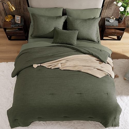 Miniatura 7 de Geniospin Juego de edredón Queen de 7 piezas, ropa de cama sólida con sábanas y fundas de almohada para todas las estaciones (verde oscuro)