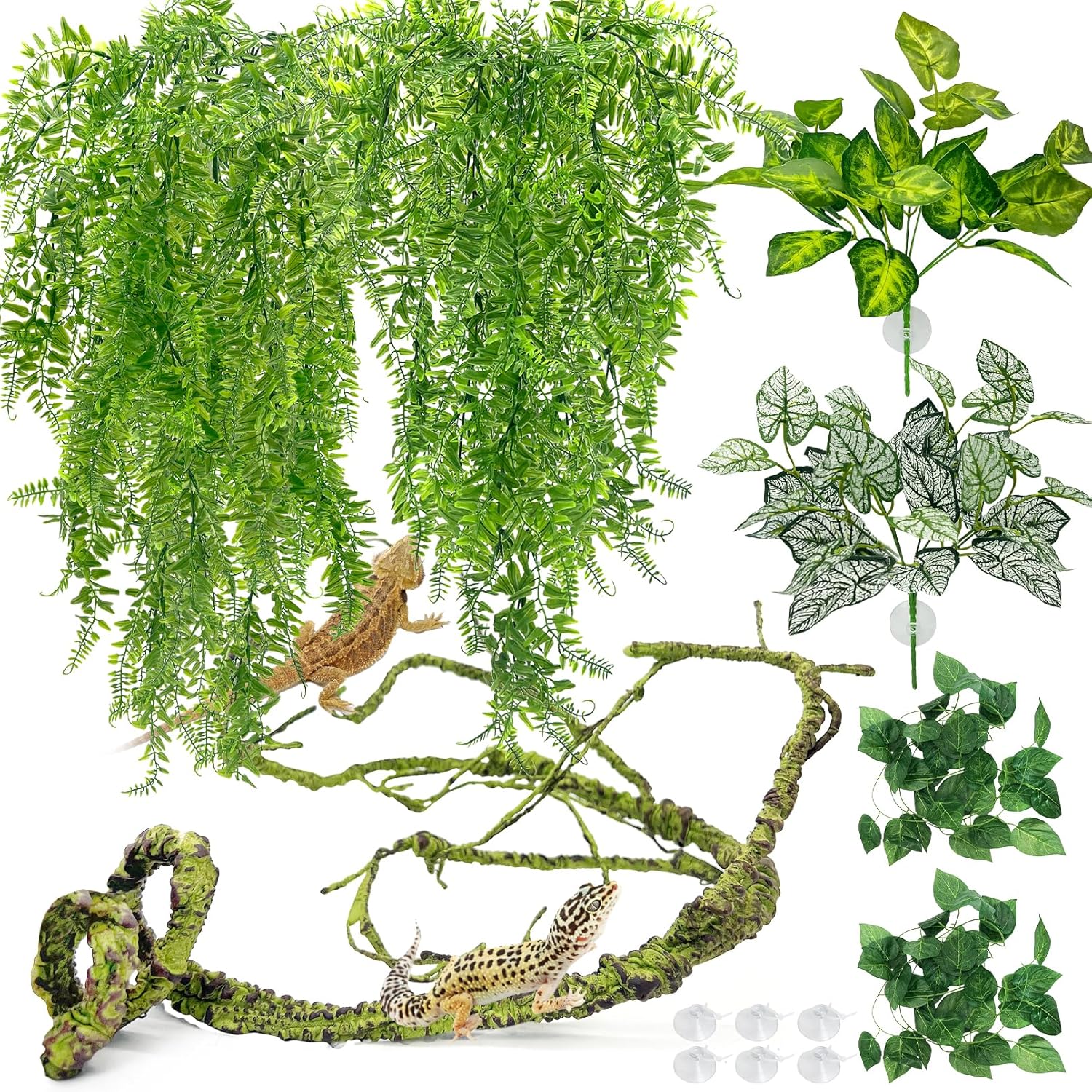 Hamiledyi 7 Pcs Reptile Plants Bendable Climbing Vines Terrarium Hanging Artificial Leaves, Bearded Dragon Tank Accessories, Habitat Decor for Snake Leopard Gecko Lizard Chameleon