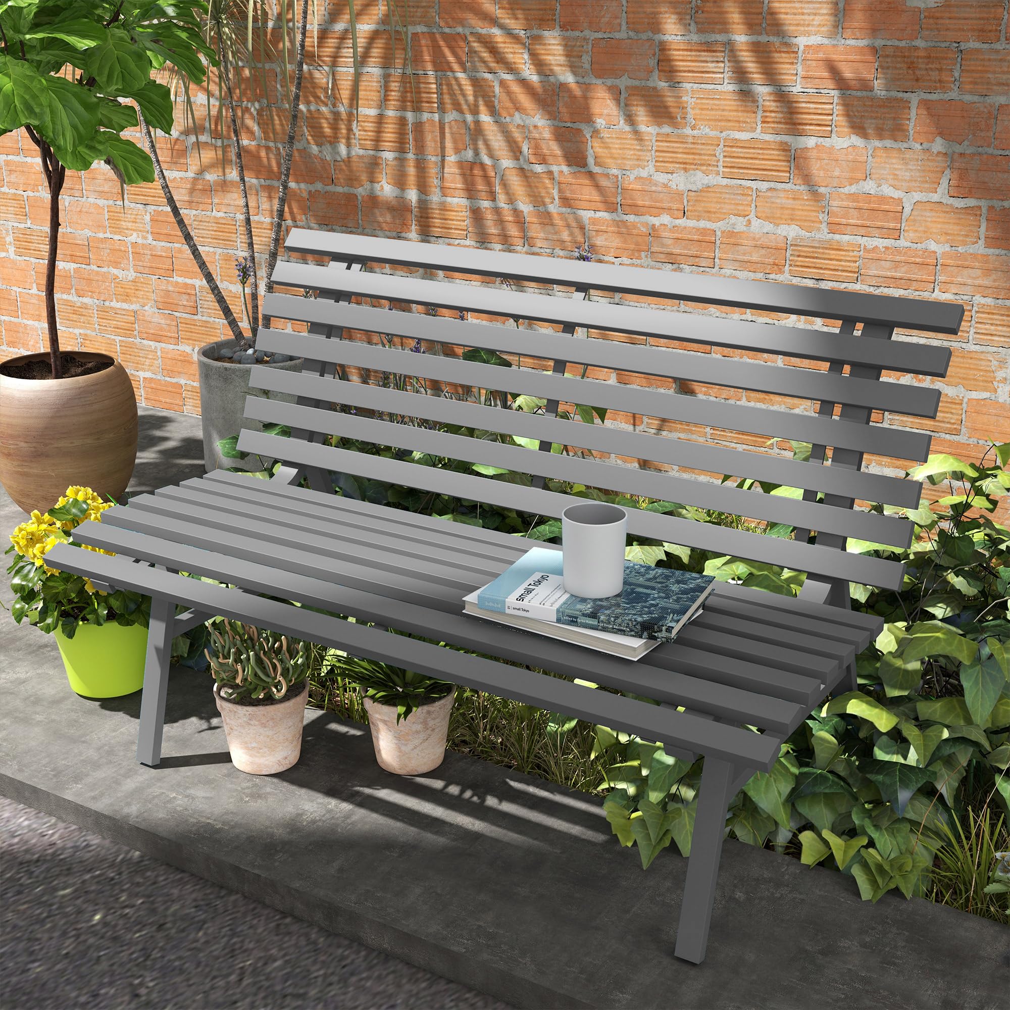 Outsunny Panchina da Giardino da 2 Posti, Panchina da Esterno a Doghe in Alluminio, Panca per Terrazza Patio e Cortile, 123x67x79 cm, Grigio