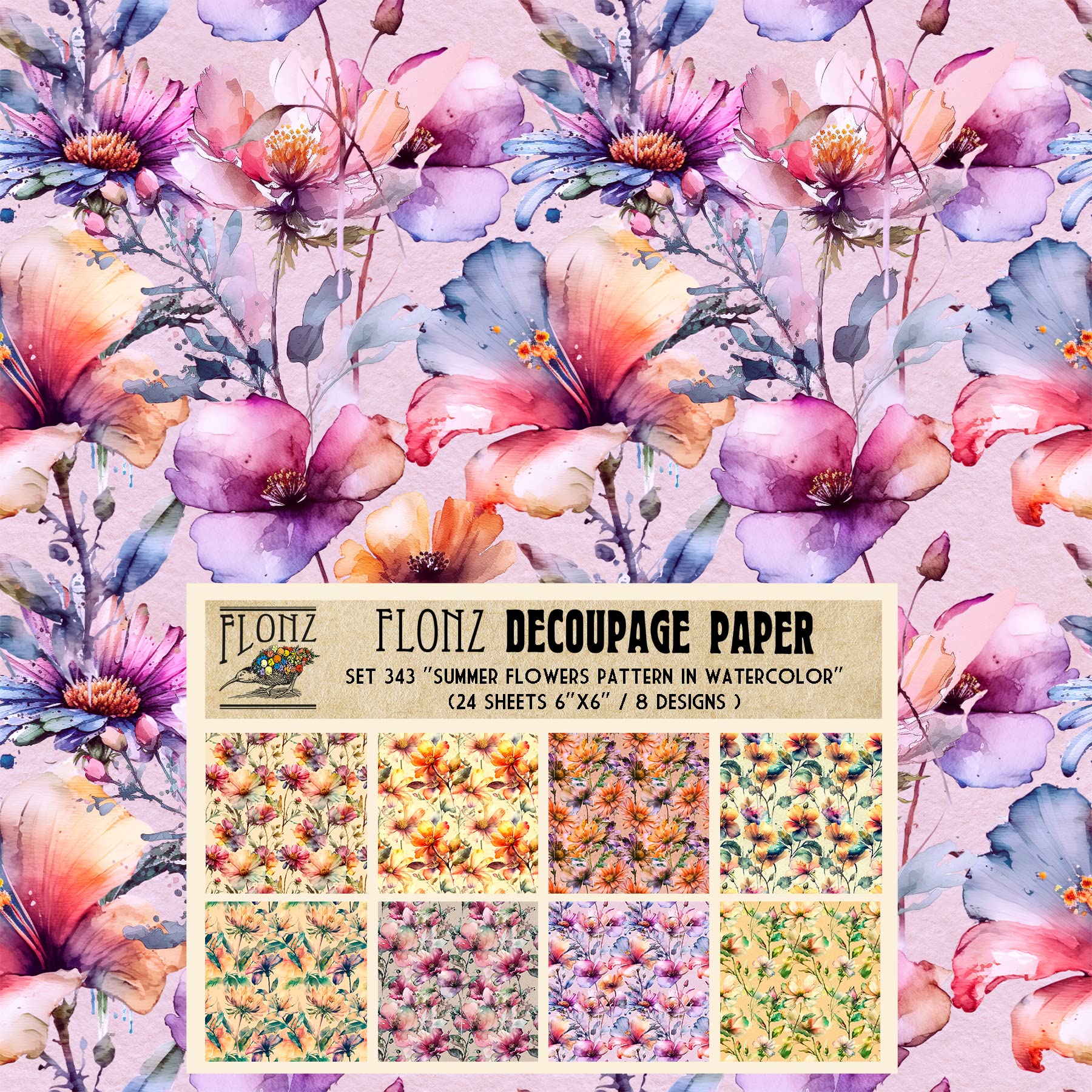 Decoupage Paper Pack (24 Sheets 6"x6") Summer Flowers Pattern in Watercolor # Vintage Styled Pattern Paper for Decoupage, Craft and Scrapbooking