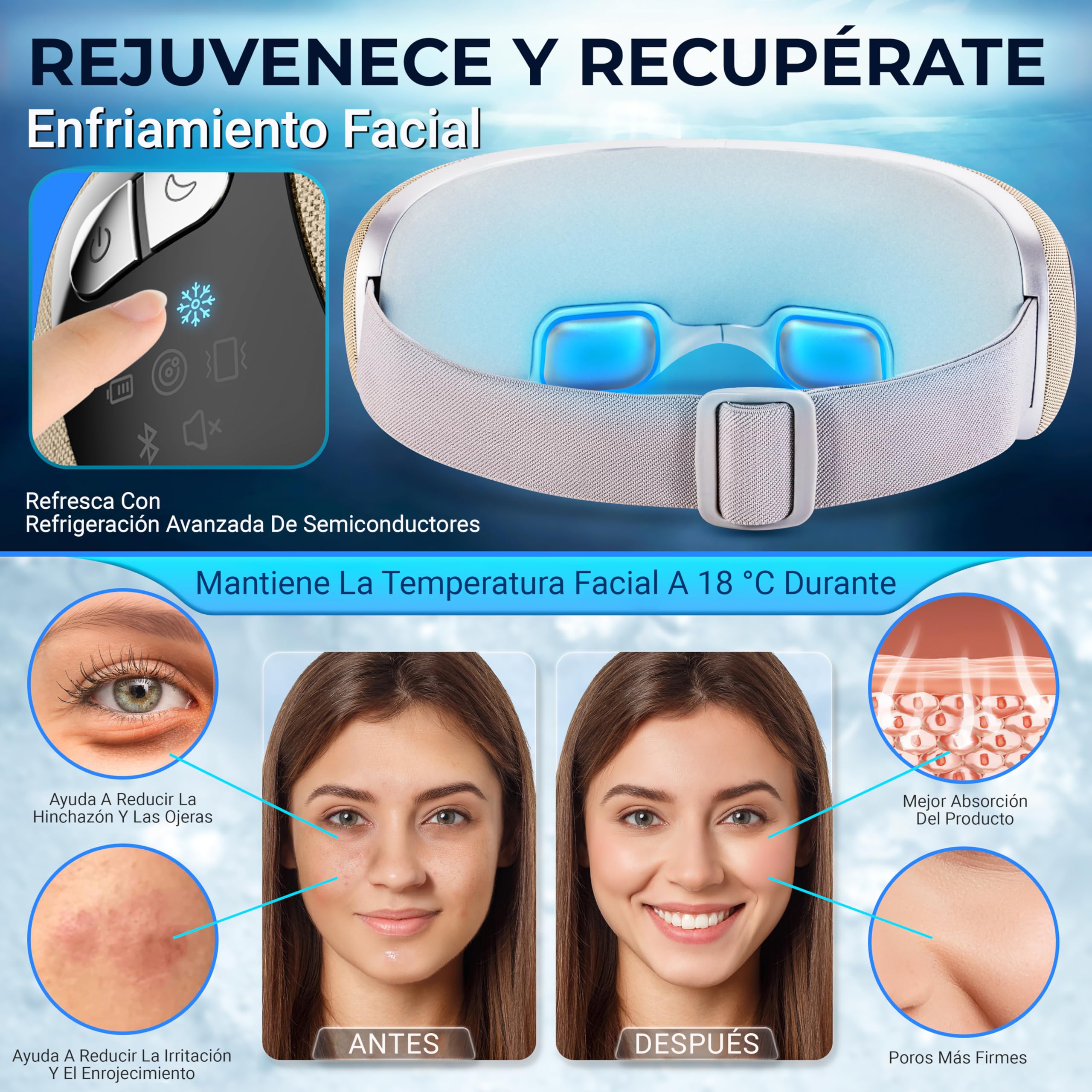 SereneLife masajeador de ojos con calor y enfriamiento, Compresión de aire y vibración, 5 modos de masaje, Música integrada, Gafas plegables, Inalámbrico y recargable para la relajación ocular