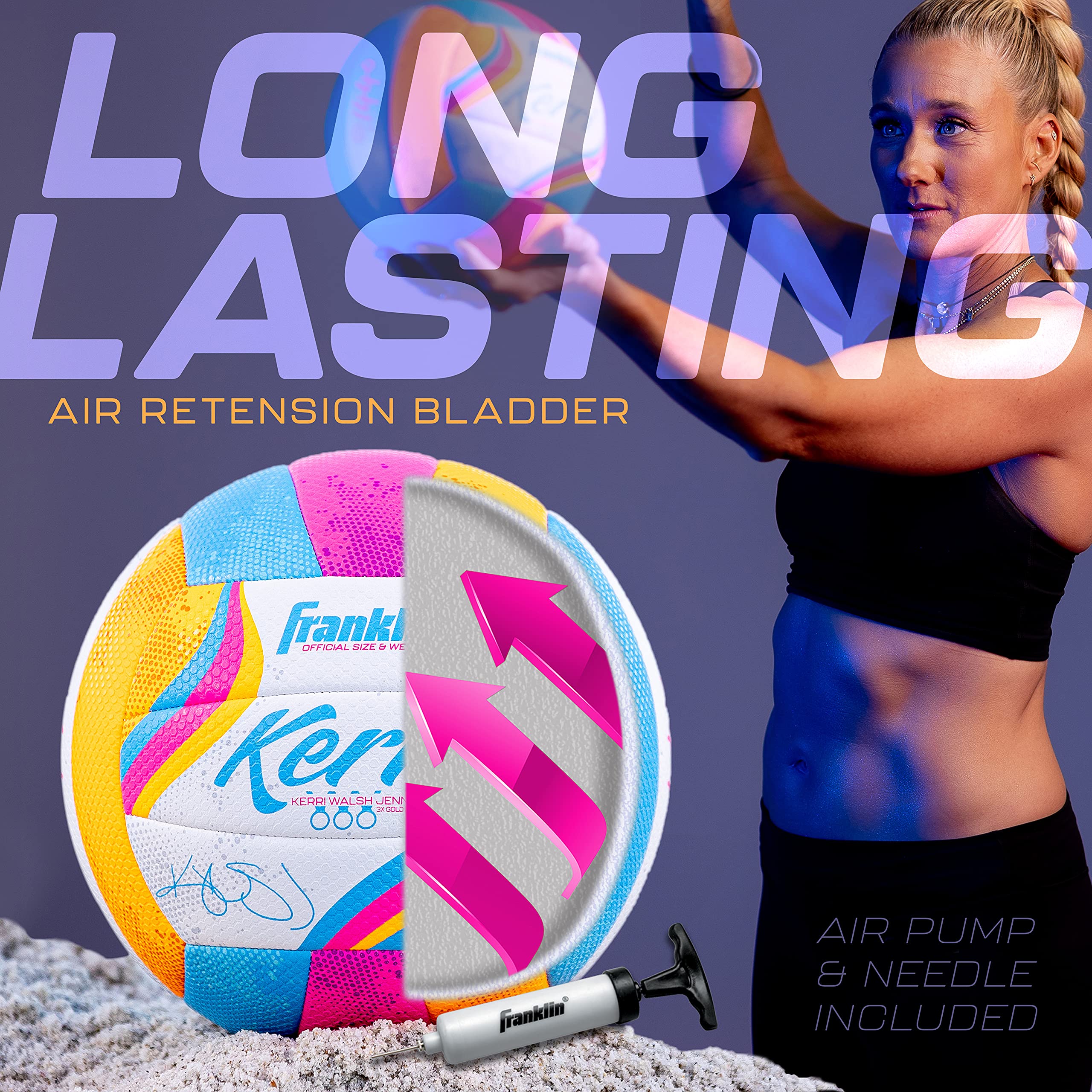 Franklin Sports Kerri Walsh Beach+Voleibol al Aire Libre – Tamaño Oficial + Peso – Voleibol de Cubierta Suave para niños + Adultos – con Bomba + Aguja incluida