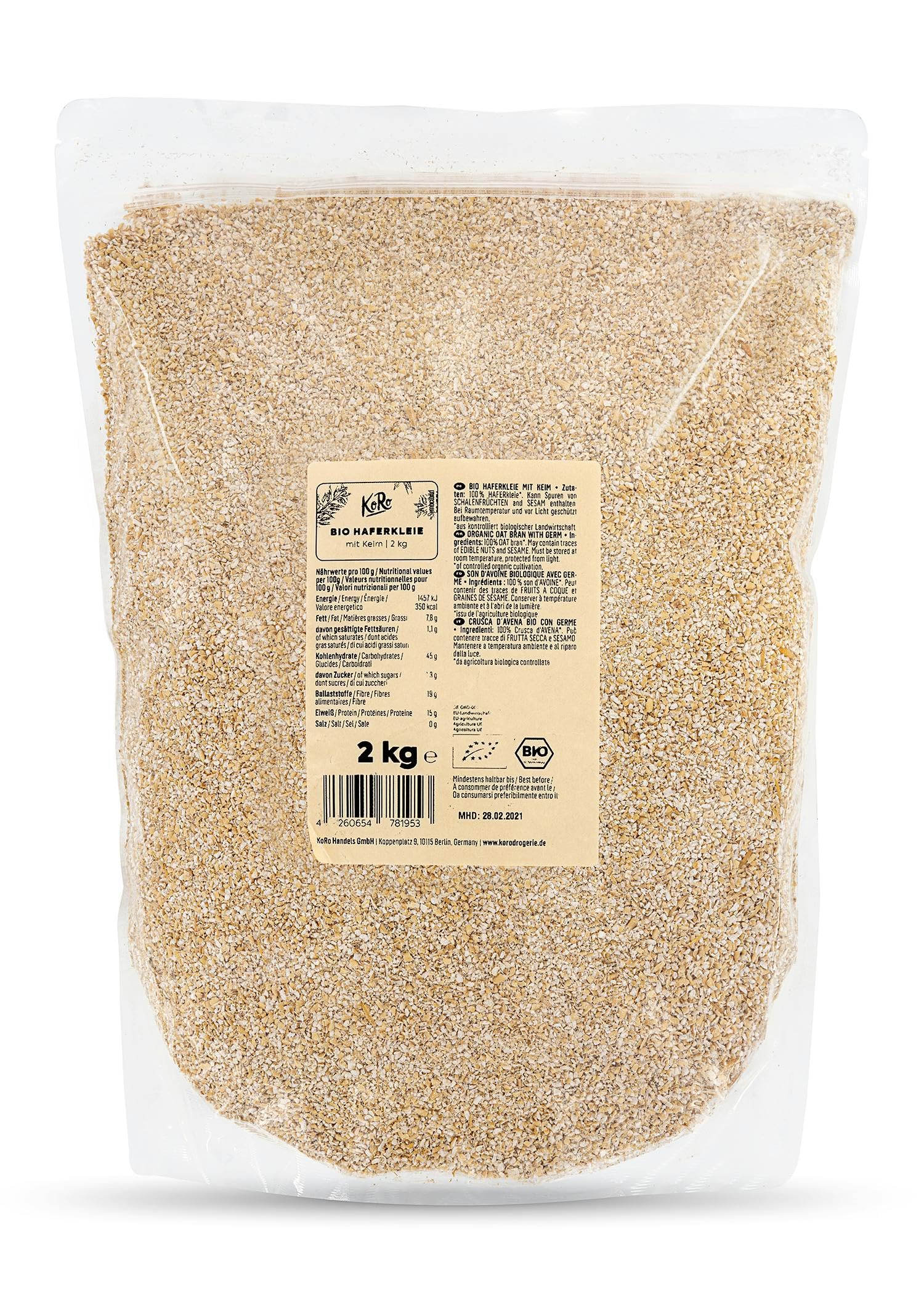 KoRo - Bio Haferkleie mit Keim 2 kg - Bio-Qualität - Proteinquelle - Hoher Ballaststoffgehalt