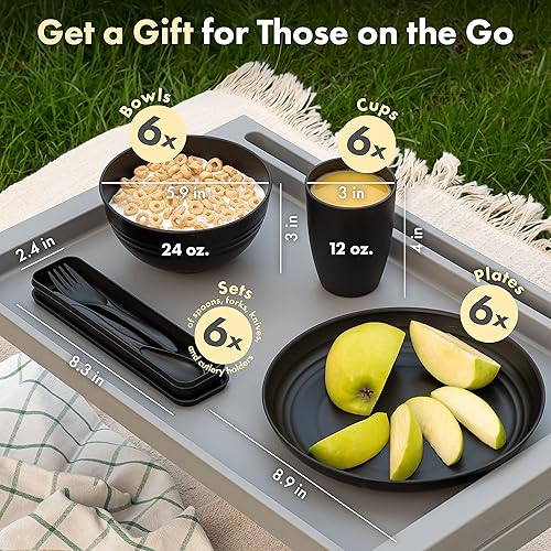 Miniatura 2 de FOODLE Juego de vajilla de paja de trigo para 6  Platos ligeros e irrompibles  Apto para microondas y lavavajillas  Perfecto para camping, picnic y