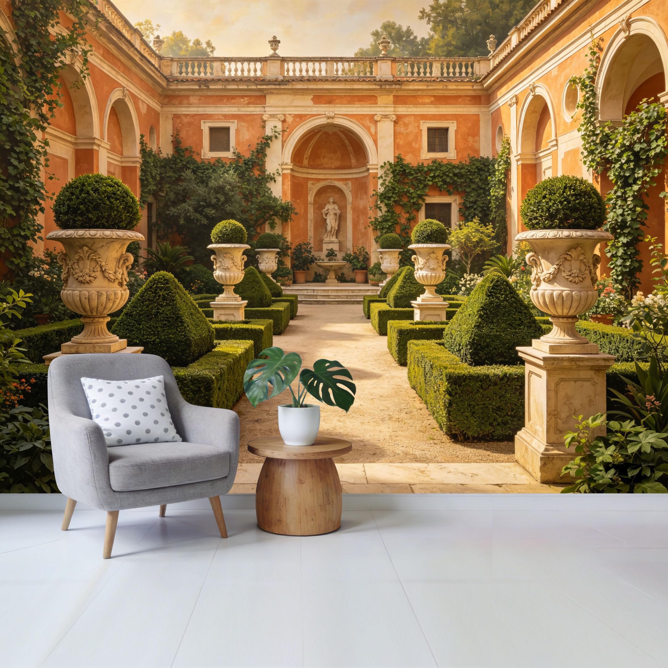 Qzlithotic Yq2605250038 Custom Size Wall Mural Italian Renaissance Villa Courtyard Botanical Stone Statue 3D Trompe L'oeil Selfadhesive Wall Fabric Removable Wallpaper For Home Office Decor