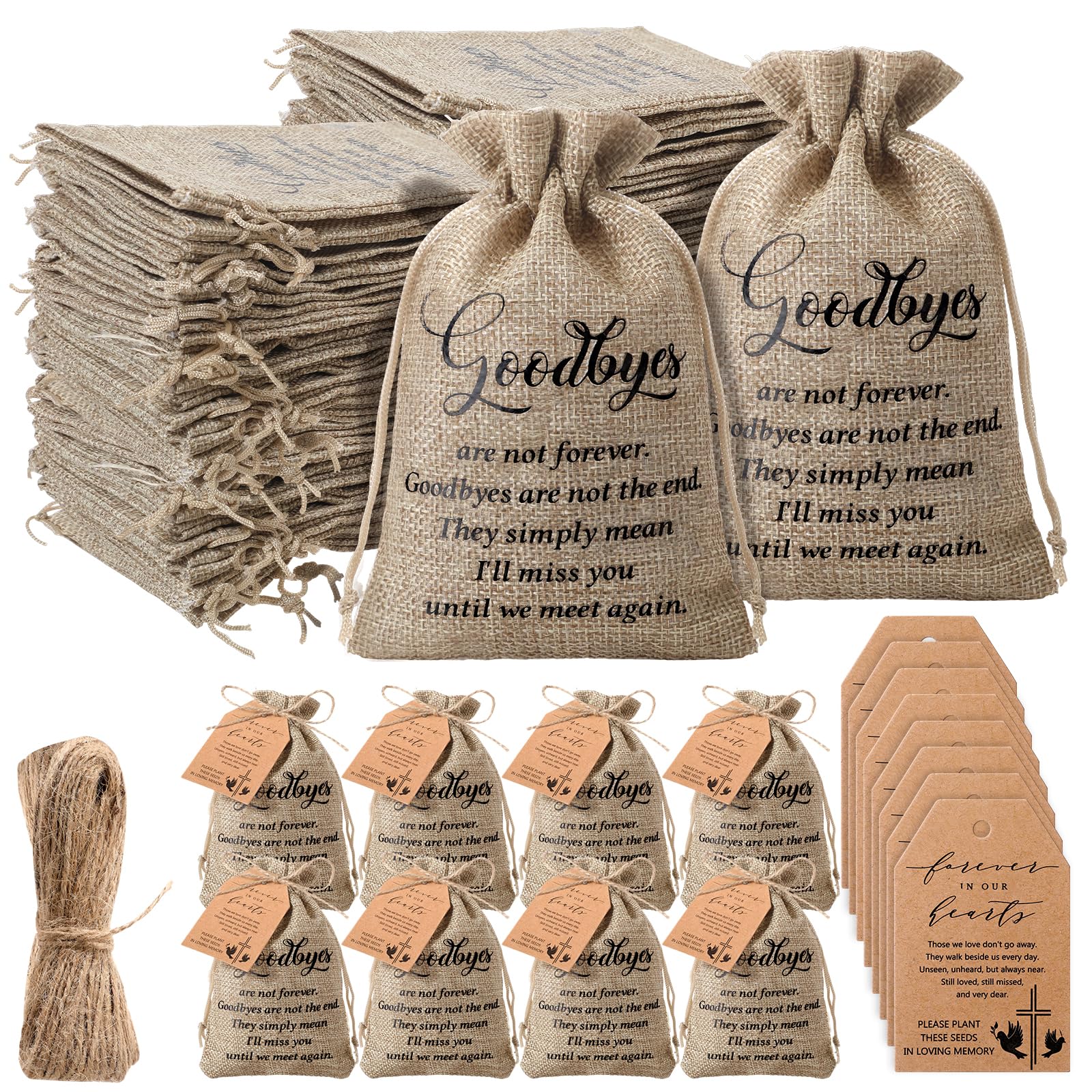 Tanlade 50 Sets Funeral Favors Burlap Bags with Prayer Memorial Tags and Twine Forever in Our Hearts Seed Packet Organizer Favor for Celebration of Life Loss of Loved One, No Seeds (Goodbyes)