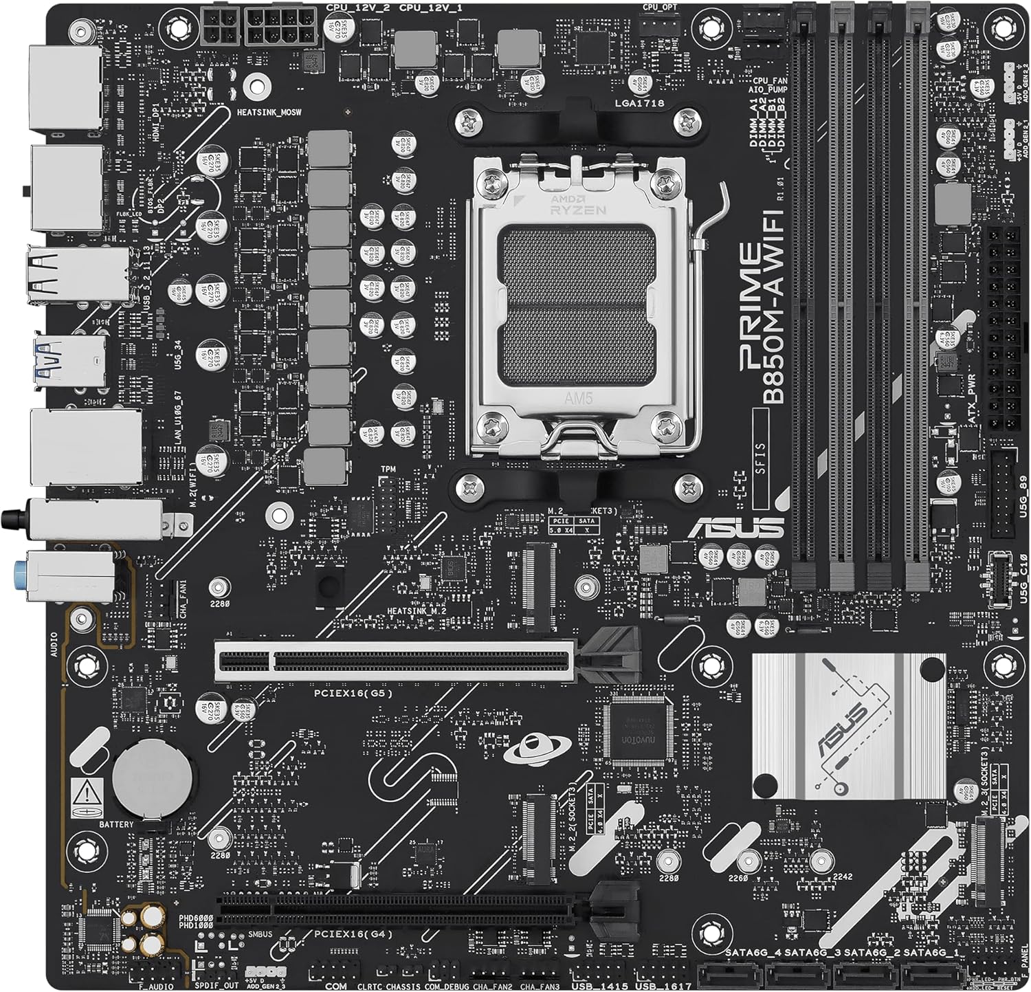 ASUS PRIME B850M-A WIFI, AMD mATX Motherboard, DDR5 Slot, PCIe 5.0 Clear, 3 M.2 Slots, Wi-Fi 6E, Ethernet Realtek 2.5 Gb, DisplayPort, HDMI, USB-C Front 5Gbps Front, BIOS FlashBack, Aura Sync