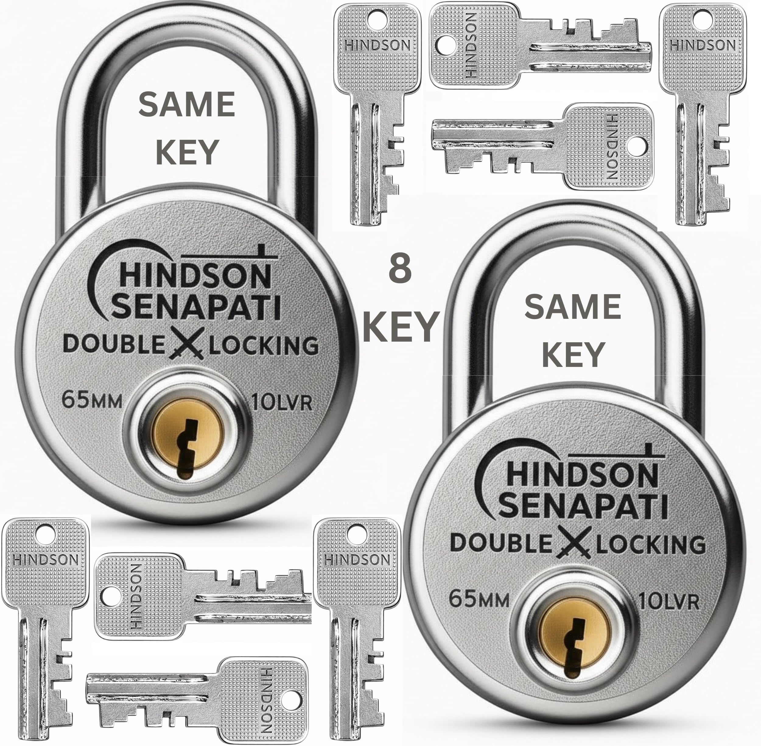 HINDSON Same Key Lock Senapati 65mm Double Locking Padlock Pack of 2 with 10 Lever Security and 8 Same Keys | Heavy Duty Lock and Key for Home, Door and Gate Use