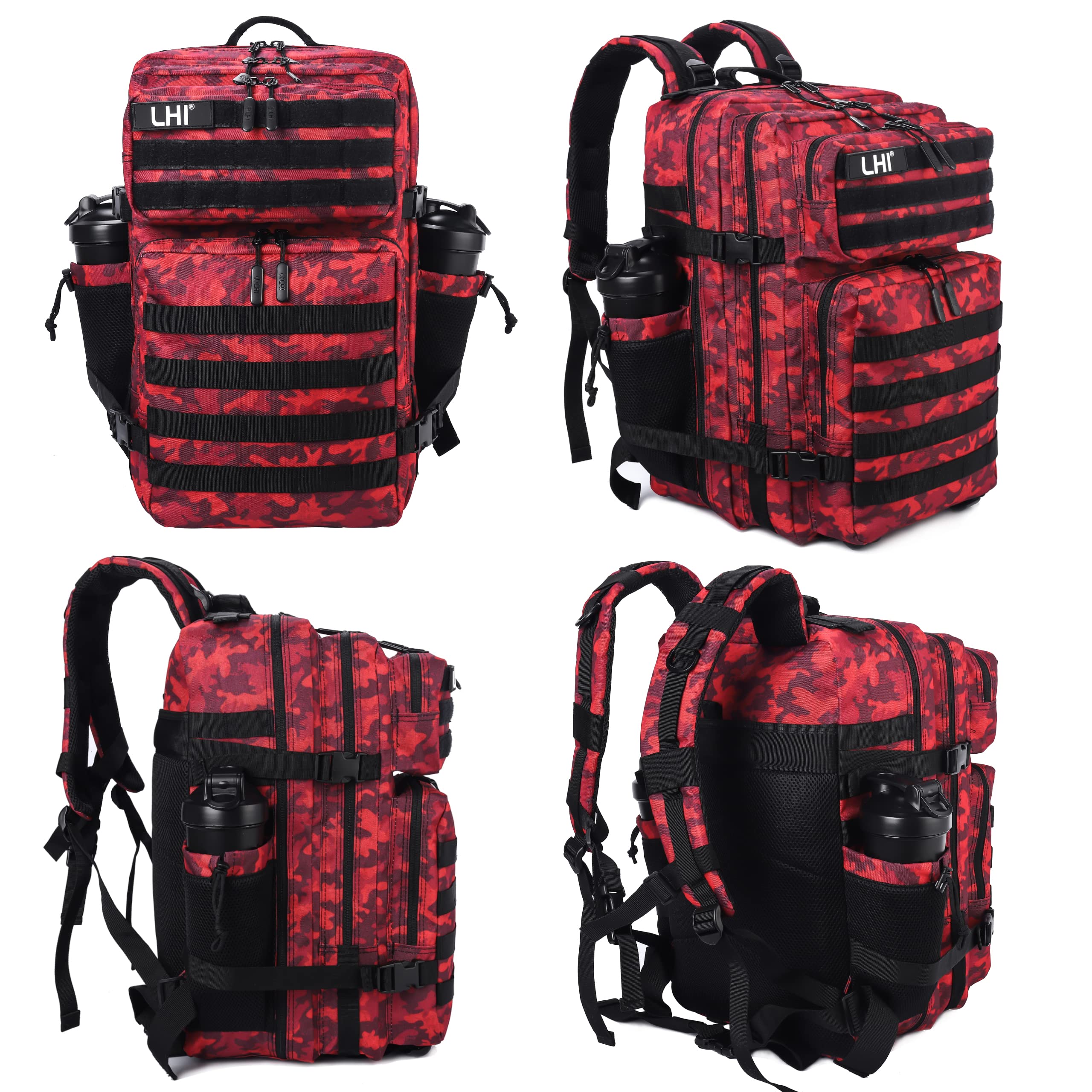 LHI Militärstil Taktischer Rucksack 45L mit MOLLE-System – Wasserdicht für Wandern, Survival, Camping & Outdoor - Rote Tarnung