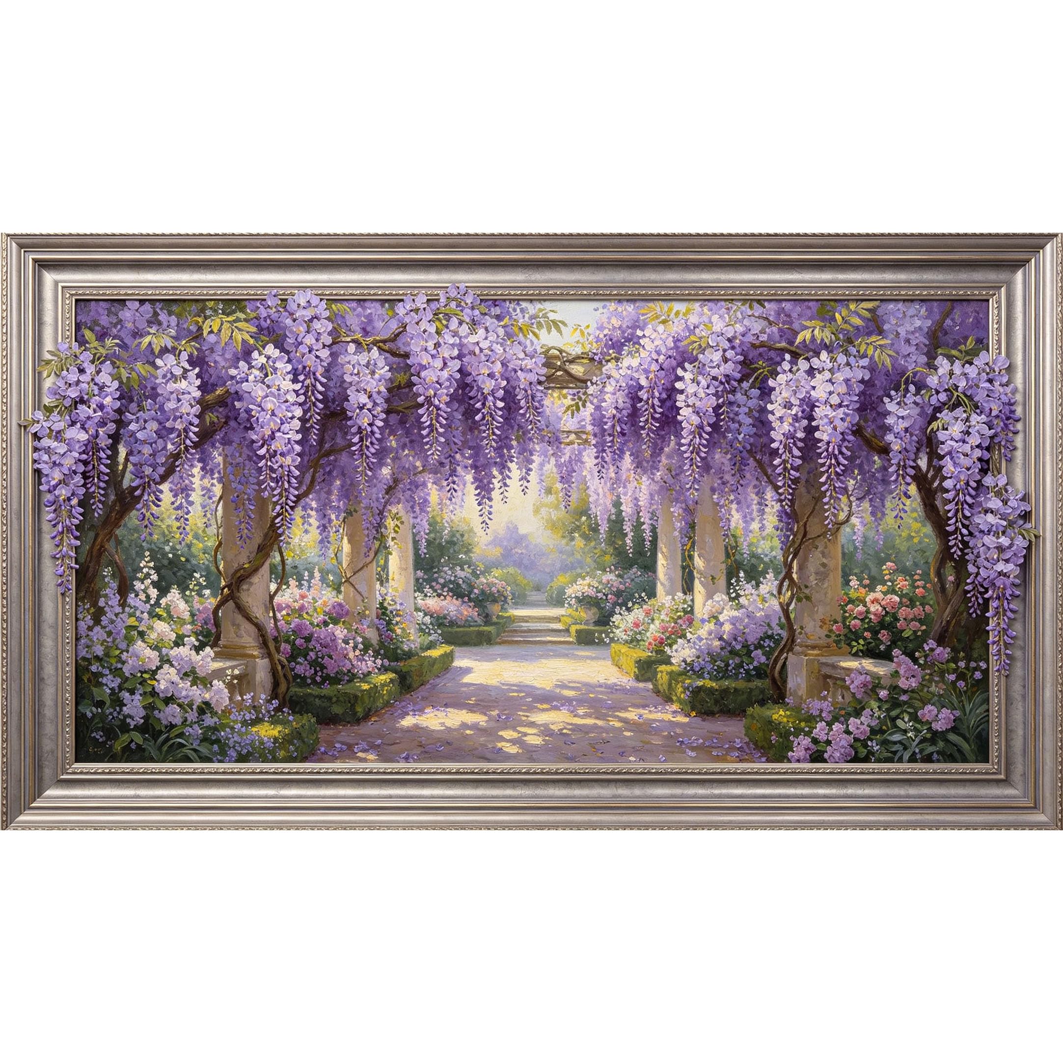 QZLITHOTIC 50x90cm3D Framed Wall Art， Botanical Garden Wisteria Archway Floral Landscape Self‑Adhesive Mural， Water‑Activated Peel & Stick Fabric Decor Wall Decal for Bedroom Living Room