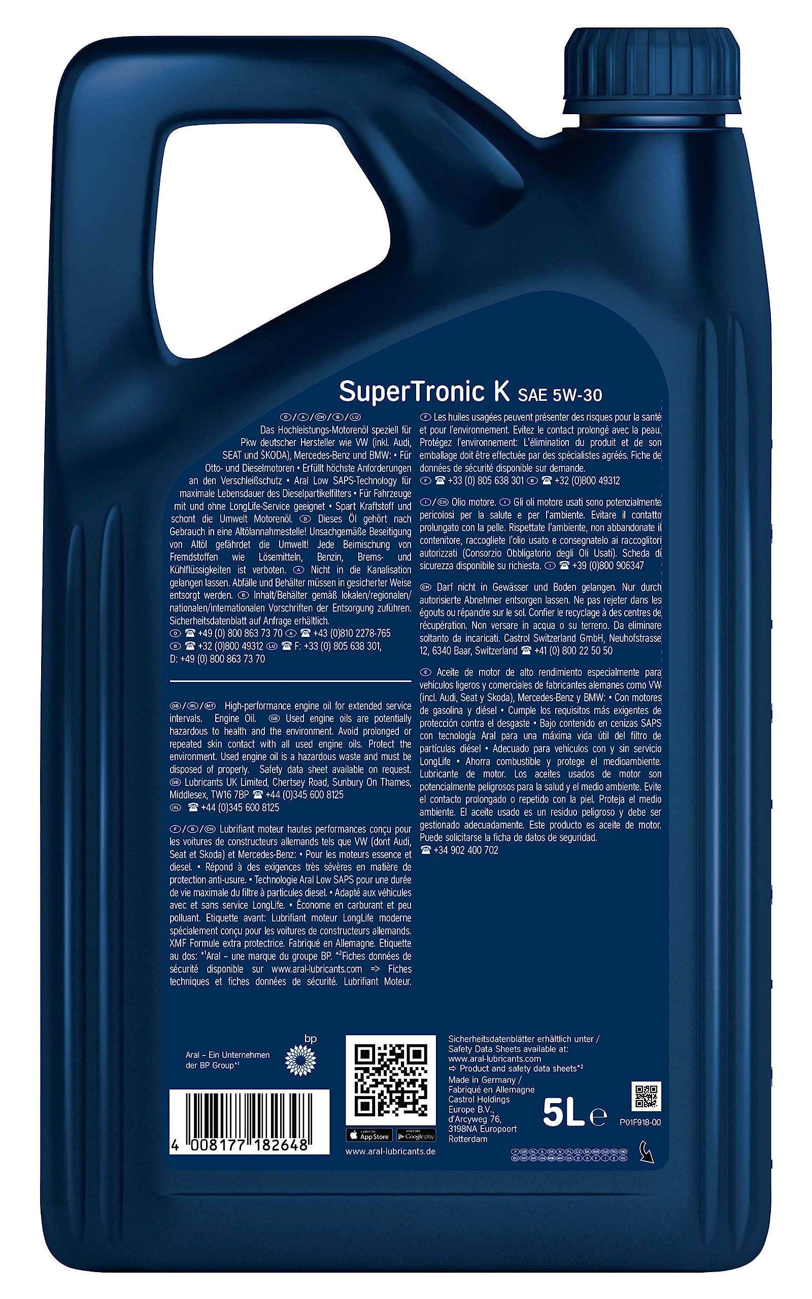 ARAL Aceite de motor 5W-30 SuperTronic ACEA C3 API SN K 5L Compatible con VW Polo V Hatchback 6R1, 6C1 up! Hatchback 121, 122, BL1, BL2, BL3, 123 Golf 7 Hatchback 5G1, BQ1, BE1, BE2, OPEL, SKODA