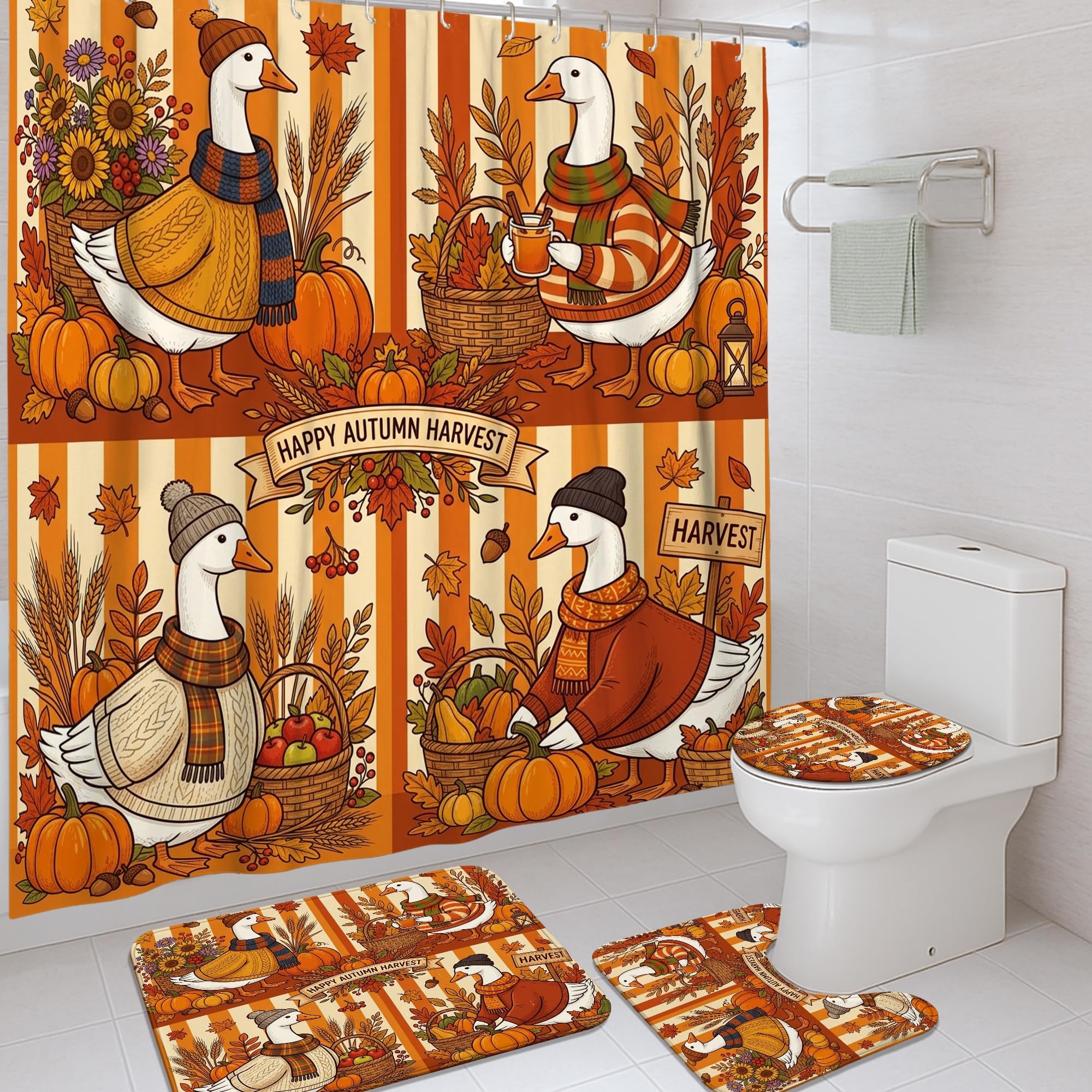 Rideau de douche rustique citrouille et tournesol orange avec crochets de salle de bain